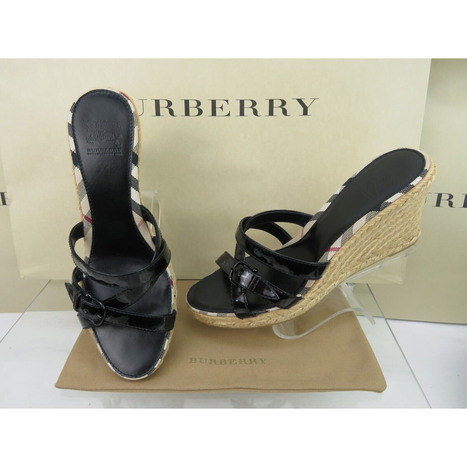 Burberry BURBERRY BLACK PATENT LEATHER CHECK ESPADRILLE SANDALS 40 Size US 10 / IT 40 - 1 Thumbnail