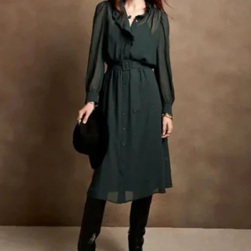 VINTAGE Banana Republic Factory Shirt Dress XS Green Midi Long Sleeve Womens