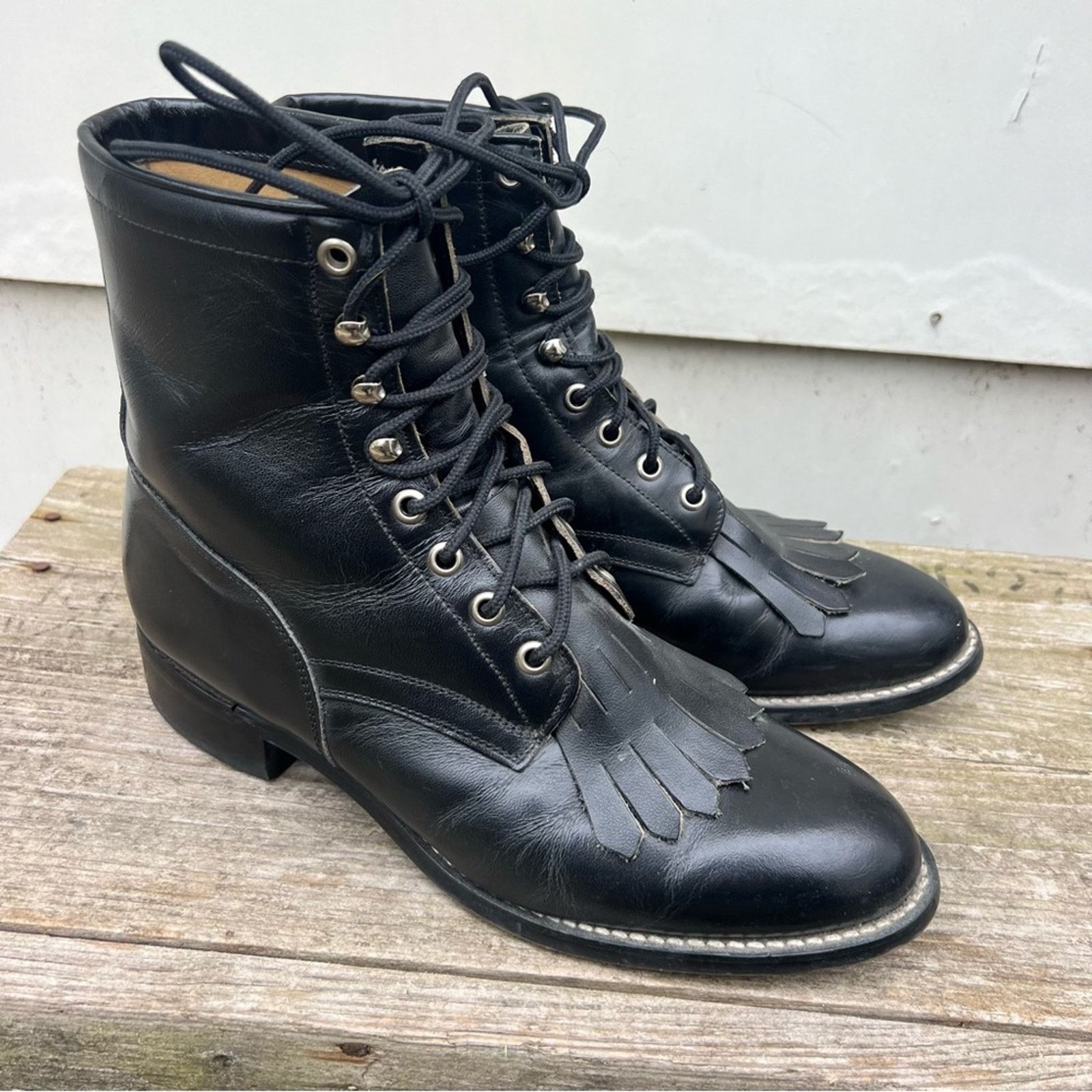 Justin Boots Justin Roper Black Lace Up Toe Fringe Kilte Western Boots ...