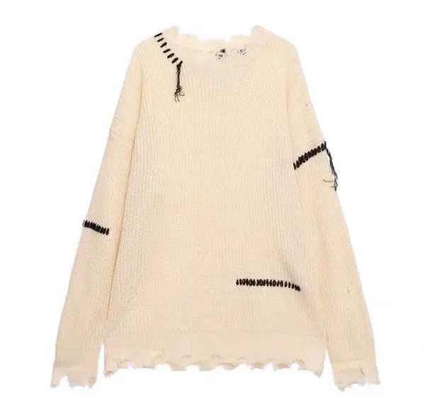 VIBE Korean fashion beige distressed knit sweater knitwear Size US XL / EU 56 / 4 - 8 Thumbnail