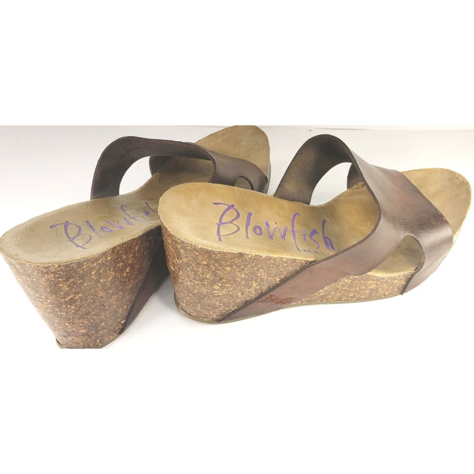Vintage Blowfish Heels Womens 7.5 Cork Wedge Platform Slide Sandals Brown Faux Leather Size US 8 / IT 38 - 4 Thumbnail