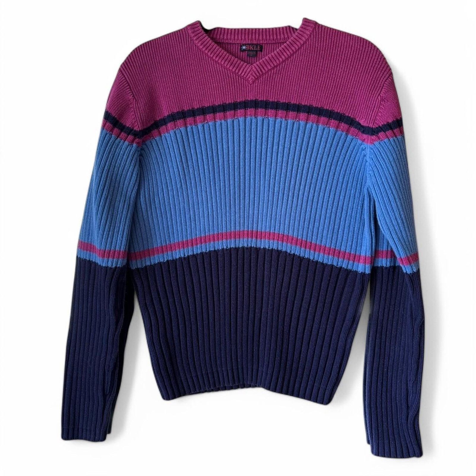 Vintage Vintage BKLE 90s Stripe Ribbed V-Neck Sweater Large Y2K Size L / US 10 / IT 46 - 3 Thumbnail
