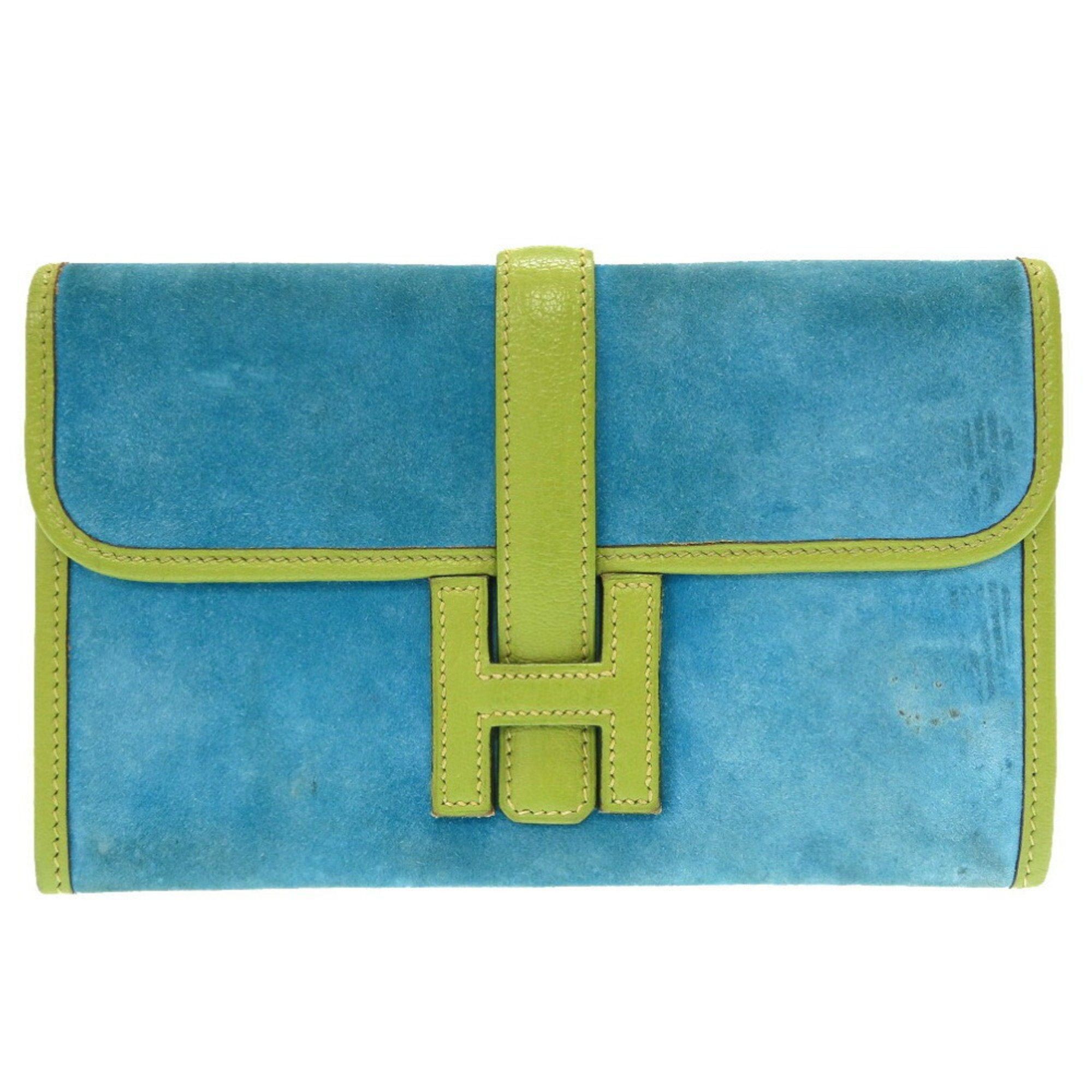 image of Hermes Jige Mini Dobris Chevre Anis Green Turquoise J Engraved Clutch Bag Bicolor Blue 0057 Hermes 