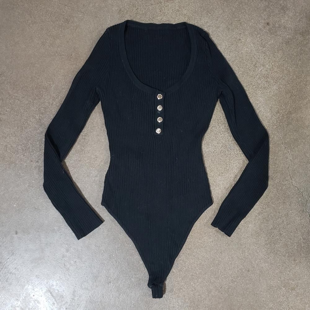 Designer Black Button Detailed Long Sleeve Thong Bodysuit Size M / US 6-8 / IT 42-44 - 1 Thumbnail