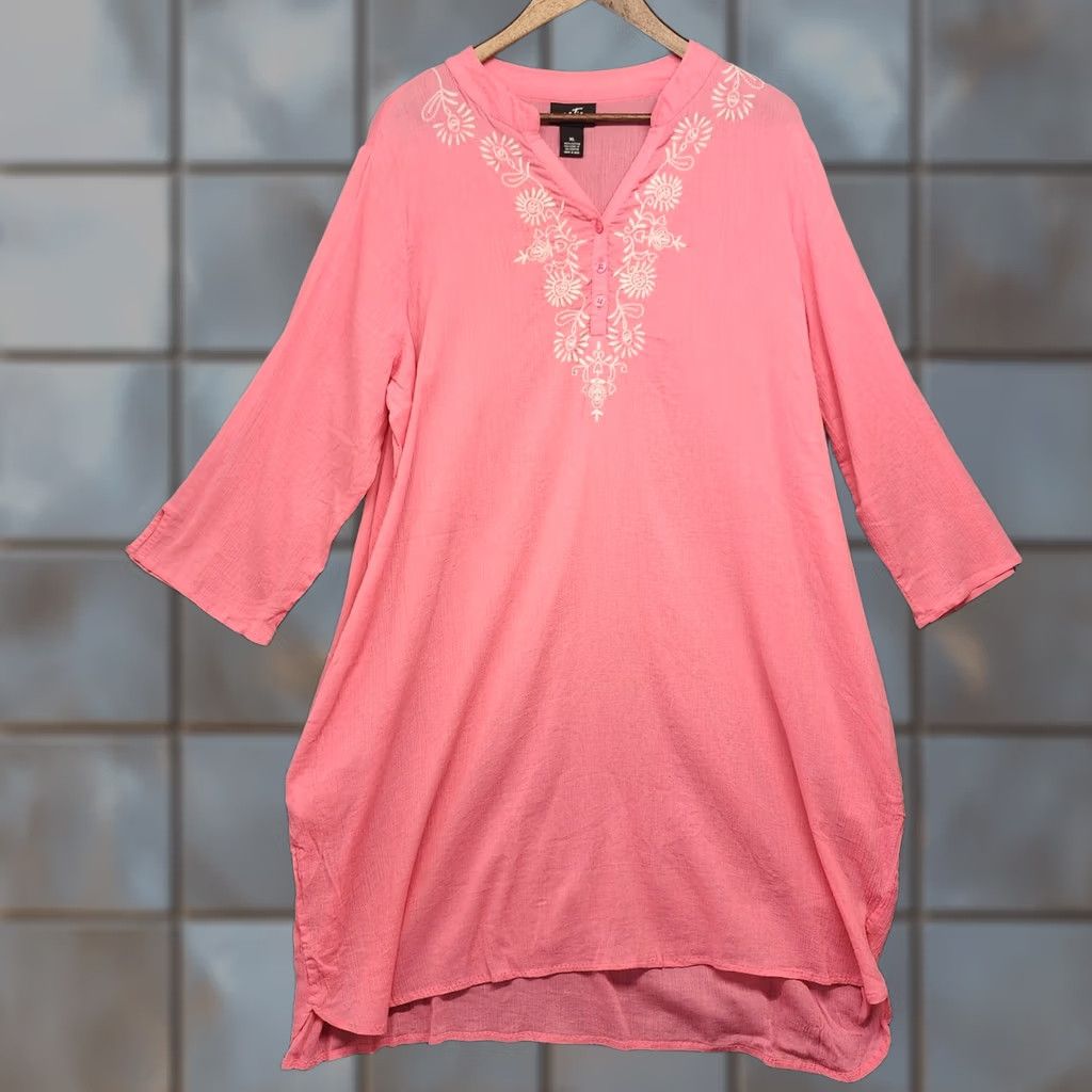 Pinko Patio Casuals Tunic Womens XL Pink Embroidered V Neck Boho Beachy Lightweight Shirt Womens XL Pink Boho Beachy Nightwear Size ONE SIZE - 1 Thumbnail