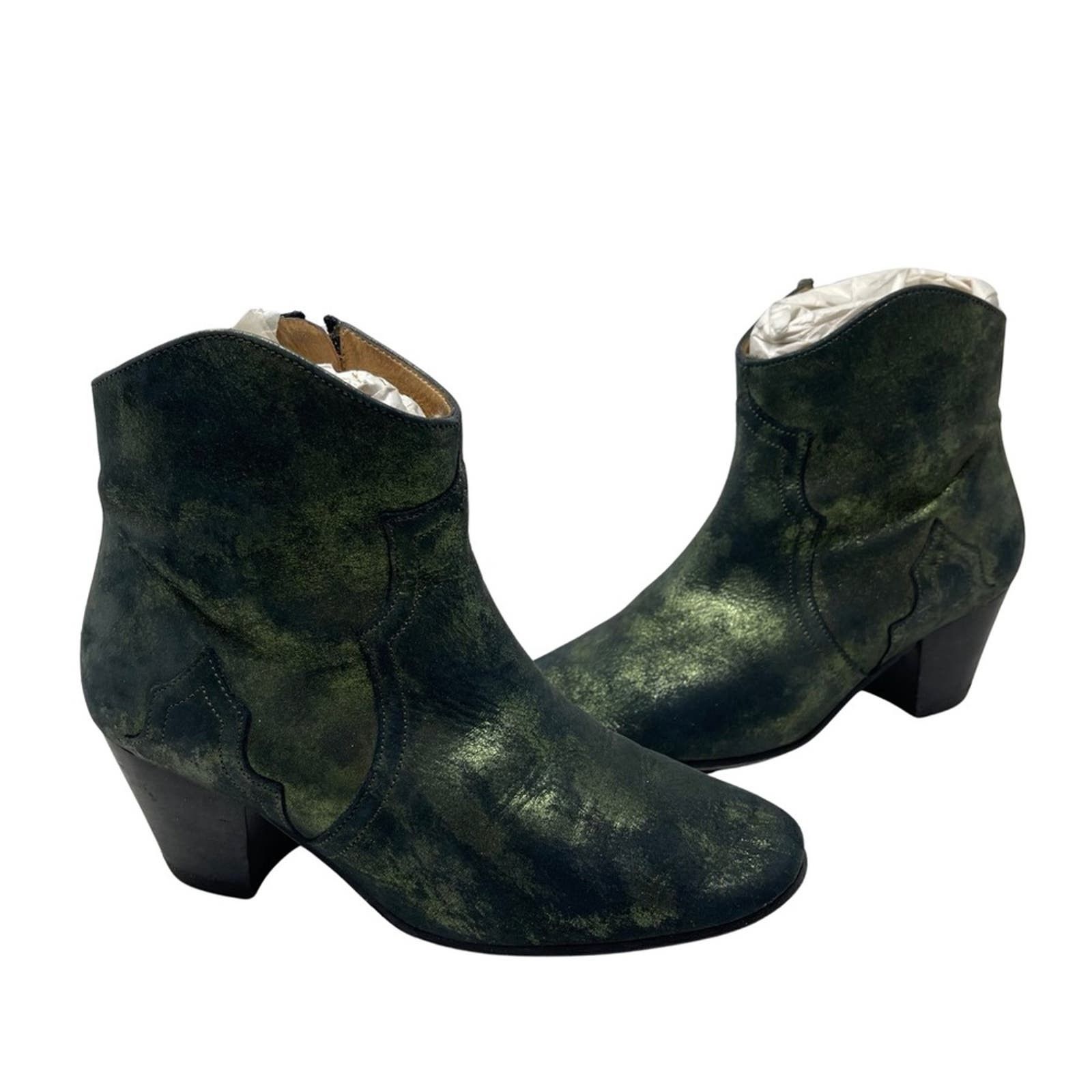 image of Isabel Marant Green Metallic Dicker Western Ankle Boots 35, Women's