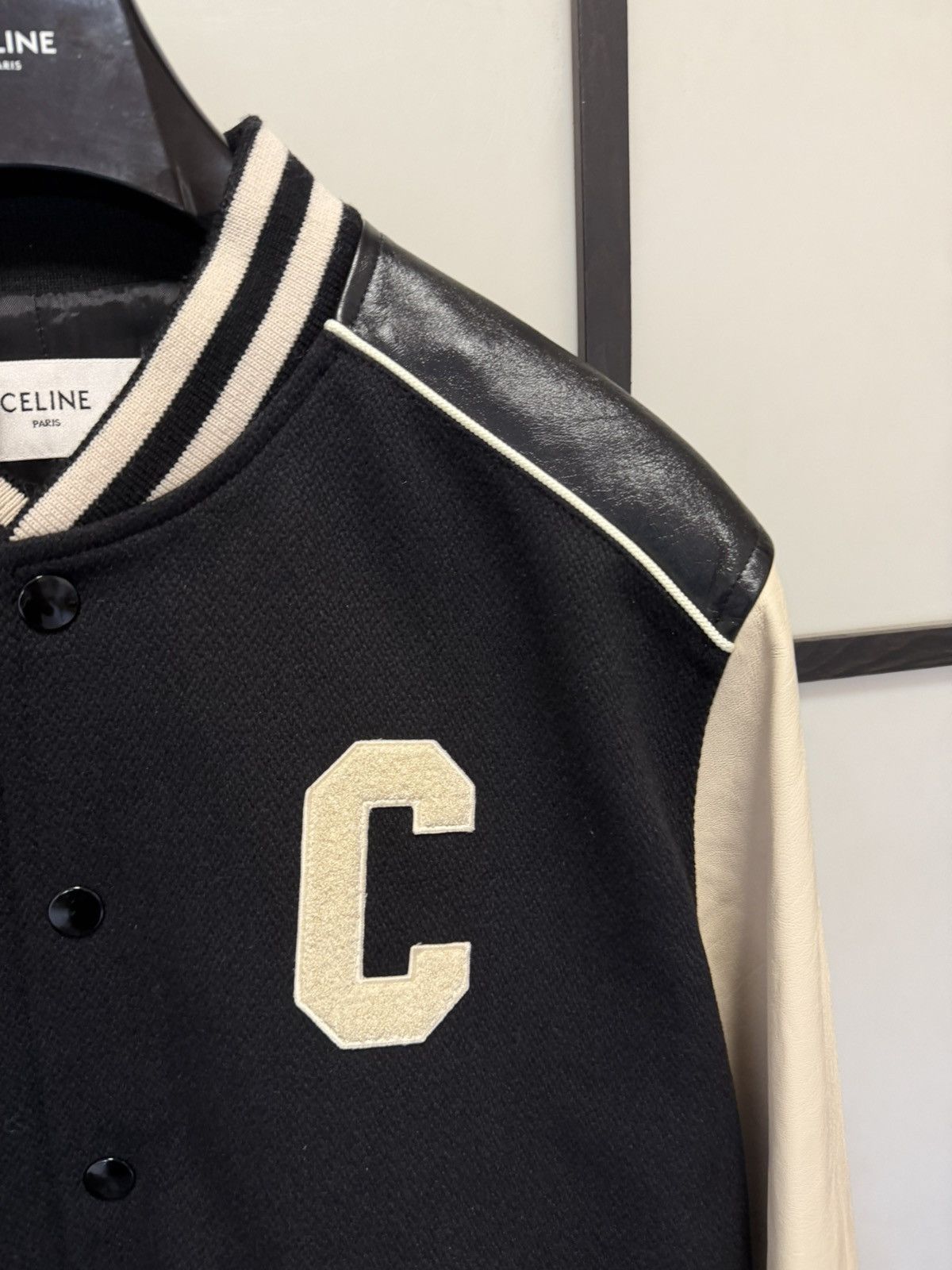 Celine NEW - FW21 Black C Patch Leather Sleeve Wool Teddy 54 Size US L / EU 52-54 / 3 - 7 Thumbnail