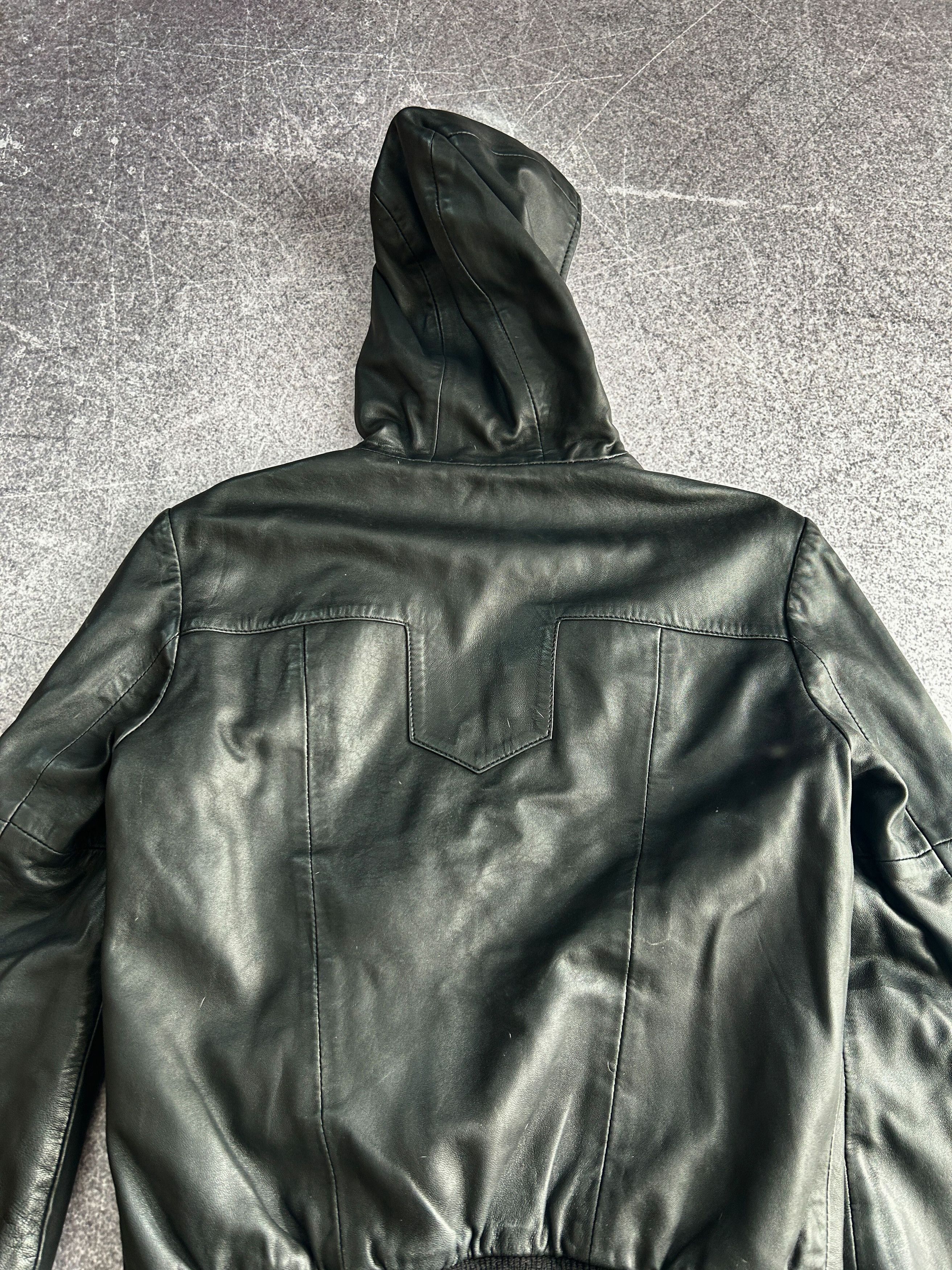 Vintage Leather Hooded Jacket Cropped Minimalist Black Y2K Size US XS / EU 42 / 0 - 7 Thumbnail