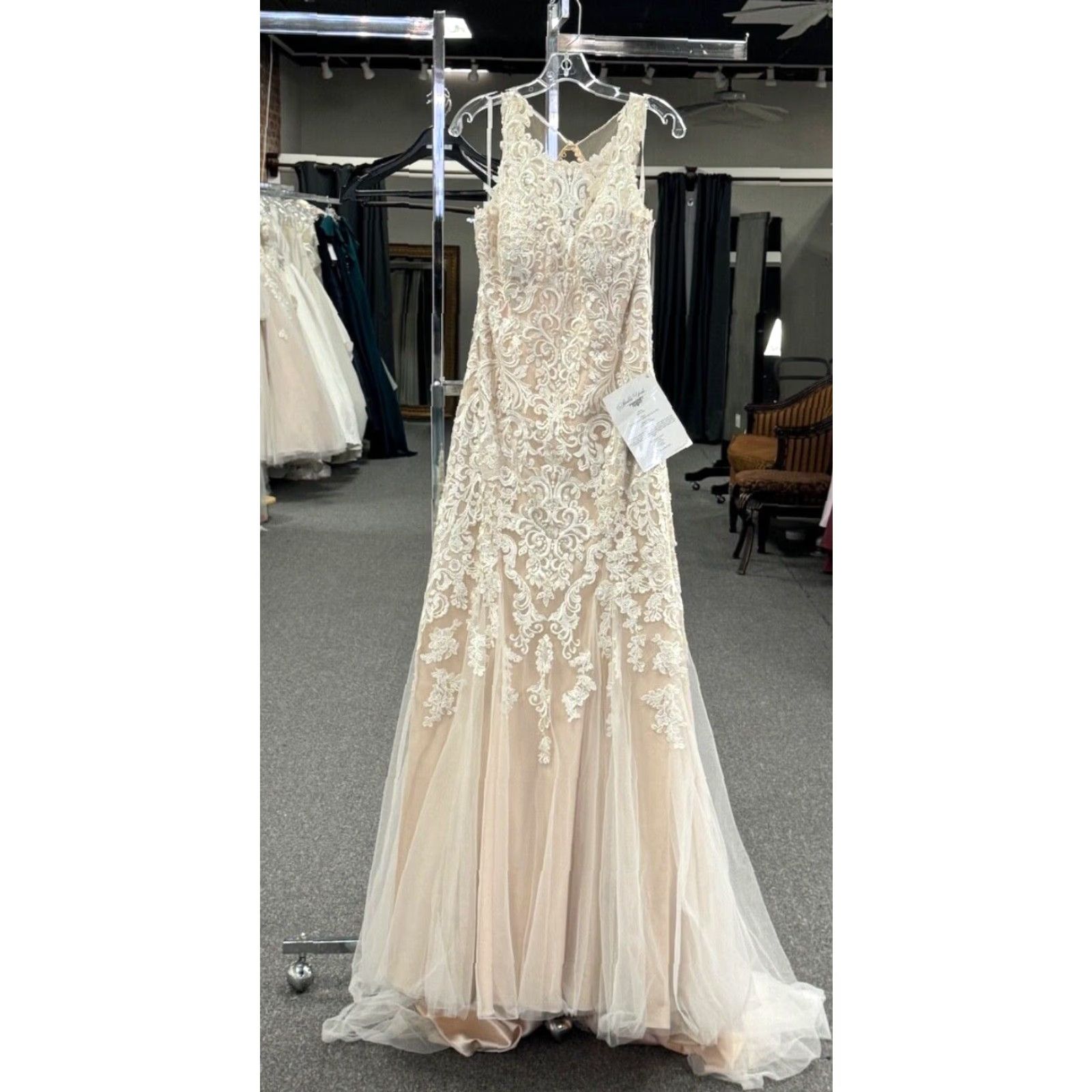 Vintage Stella York 6600 Mermaid Wedding Dress Halter Neckline Size 16 Ivory Lace Crystal Dams Ruffles Sleeveless Full-Length Ball Gown Sample Womens Size ONE SIZE - 7 Thumbnail