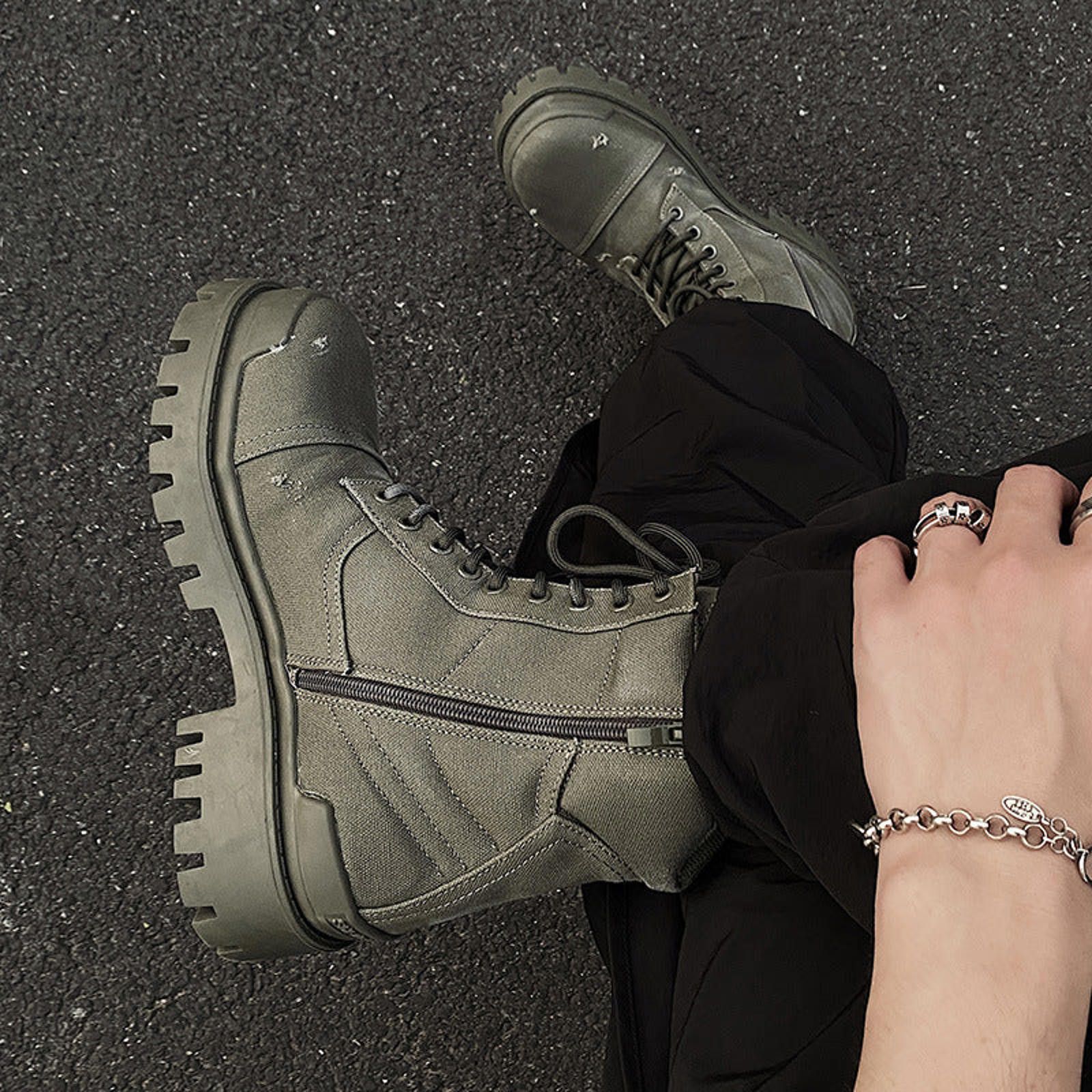 Other Olive Green Chunky Combat Boots, Lace-Up Military Style Size US 9 / EU 42 - 4 Thumbnail
