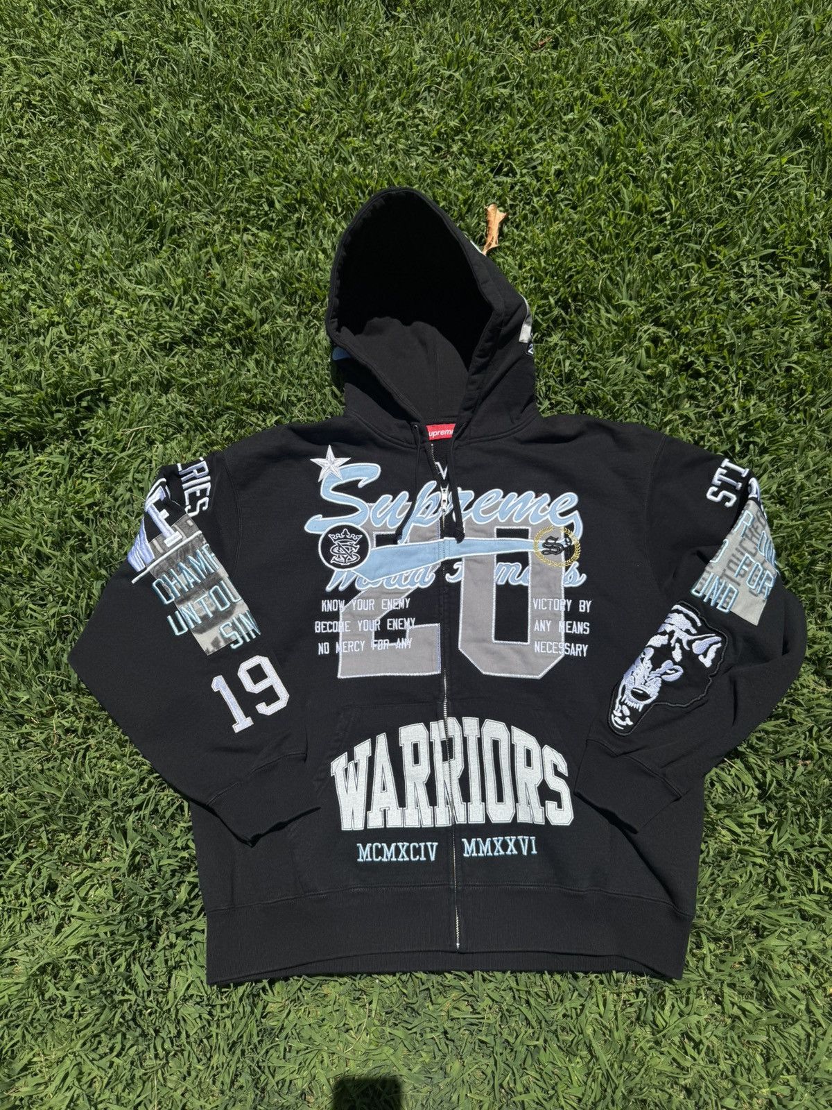 Supreme Warriors Appliqué Zip Up Hooded Sweatshirt Black | Grailed