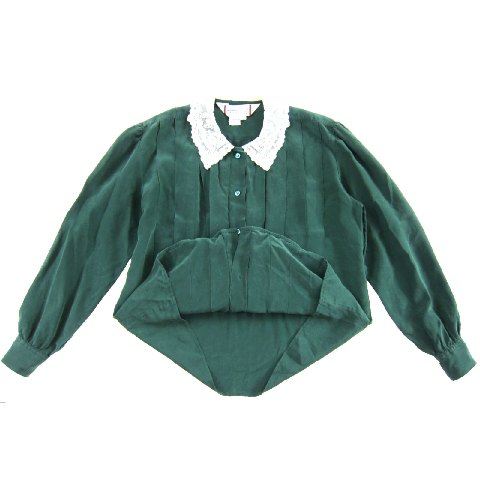 Nordstrom VINTAGE Nordstrom Blouse Shirt 8 Green Silk 100% Pleated Collar Long Sleeve Ivory Lace 70s Retro Classic Women’s Size M / US 6-8 / IT 42-44 - 5 Thumbnail