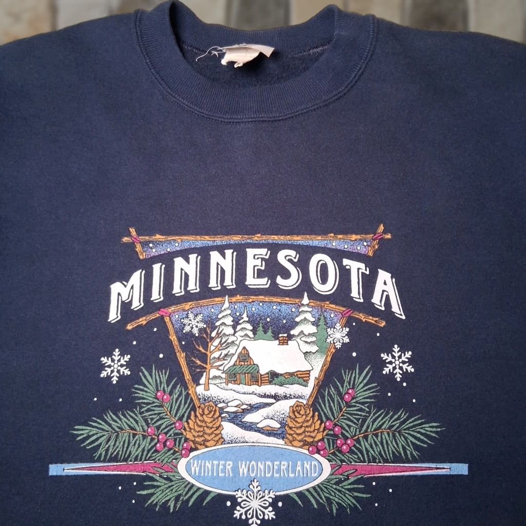 Jerzees VINTAGE Minnesota Sweatshirt Large L Blue Cotton Blend Knit Jerzees NuBlend Crewneck Pullover Graphic Winter Wonderland Nature Cabincore Mens Size US L / EU 52-54 / 3 - 1 Thumbnail