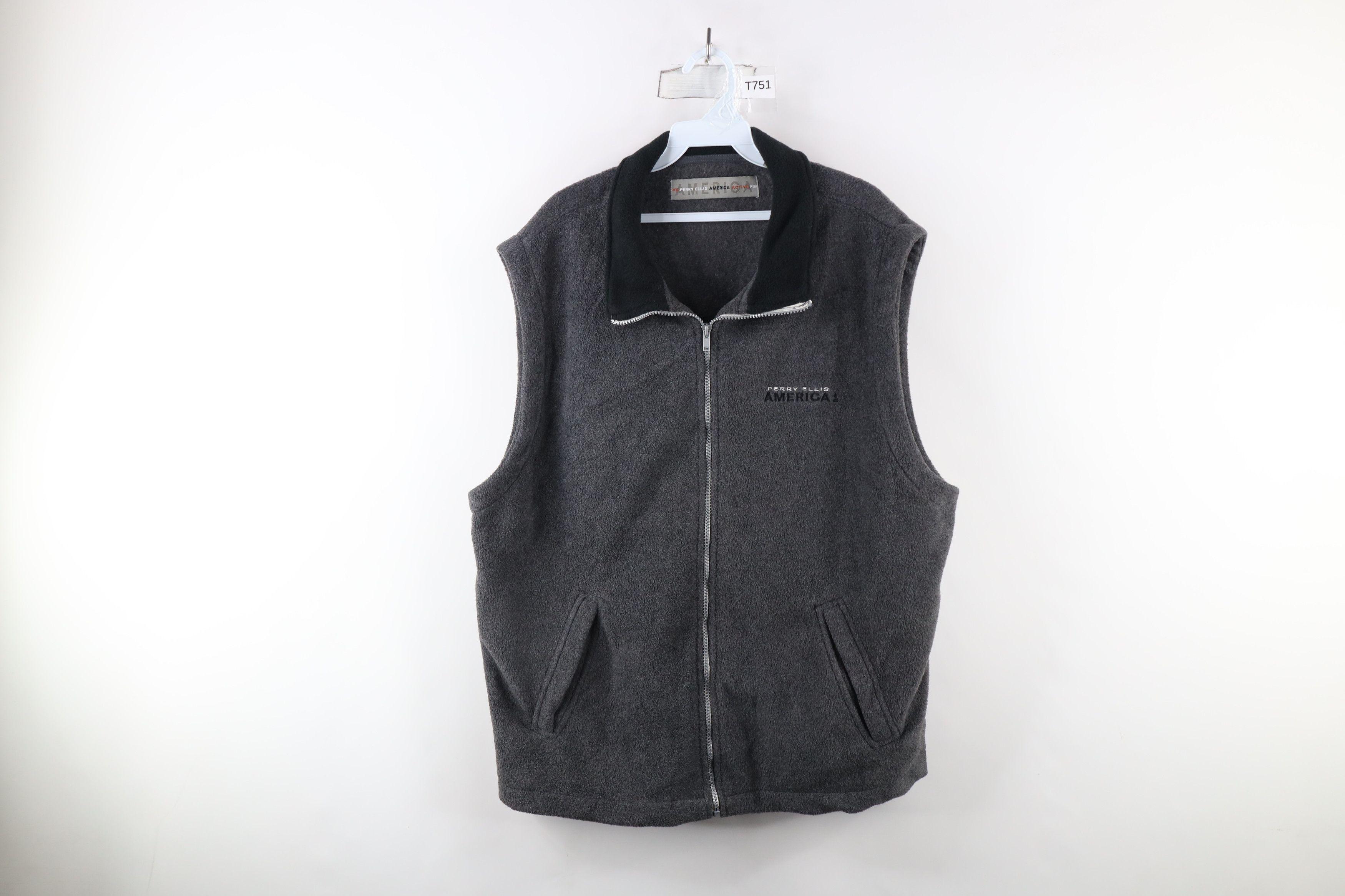 Vintage 90s Perry Ellis Full Zip Fleece Vest Jacket Gray