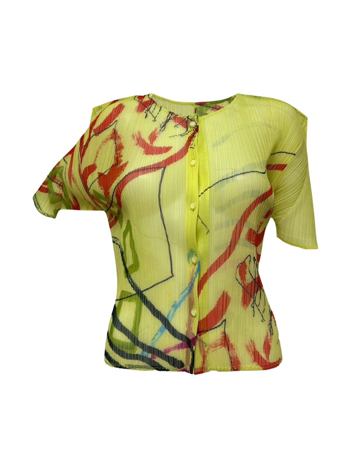 PLEATS PLEASE Graffiti Print Button Up Short Sleeve Cardigan