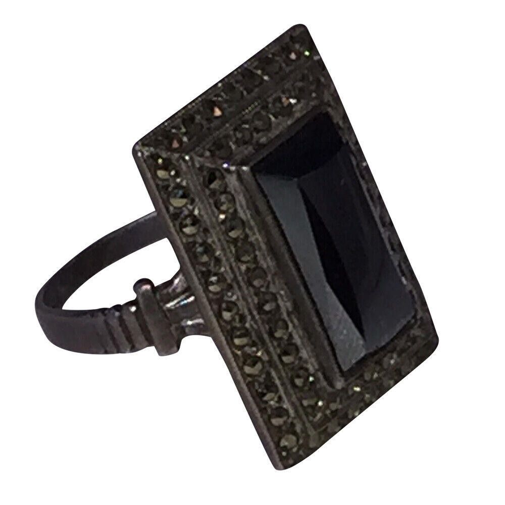 Designer Art Deco Sterling Hematite 3 Tier Pave Marcasite Ring Size ONE SIZE - 3 Thumbnail