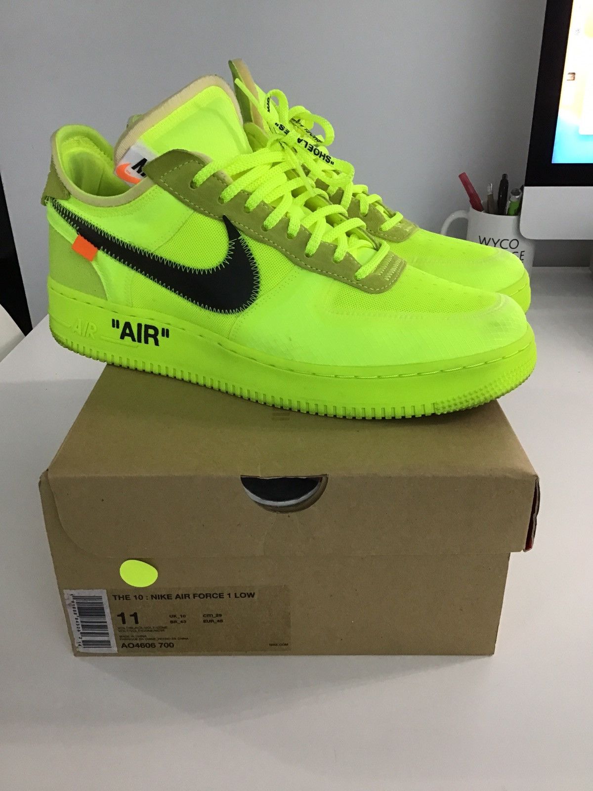 image of Off-White Nike Air Force 1 Volt Shoes in Green, Men's (Size 11)