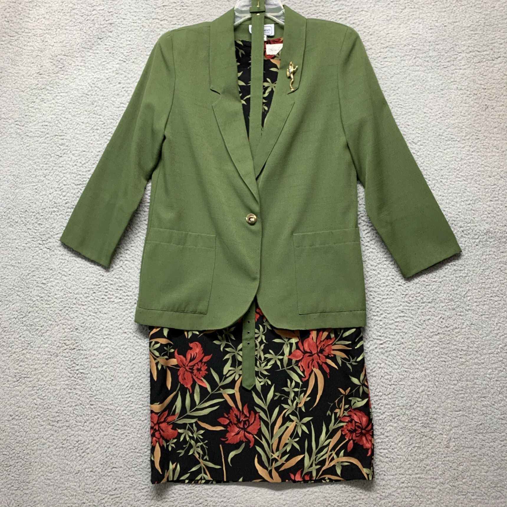 Lee Kathie Lee Dress Jacket W/Belt 2 Pockets Petite 8/10 6" Slit Knee Length Green Black Red & Gold Womens Size M / US 6-8 / IT 42-44 - 2 Thumbnail