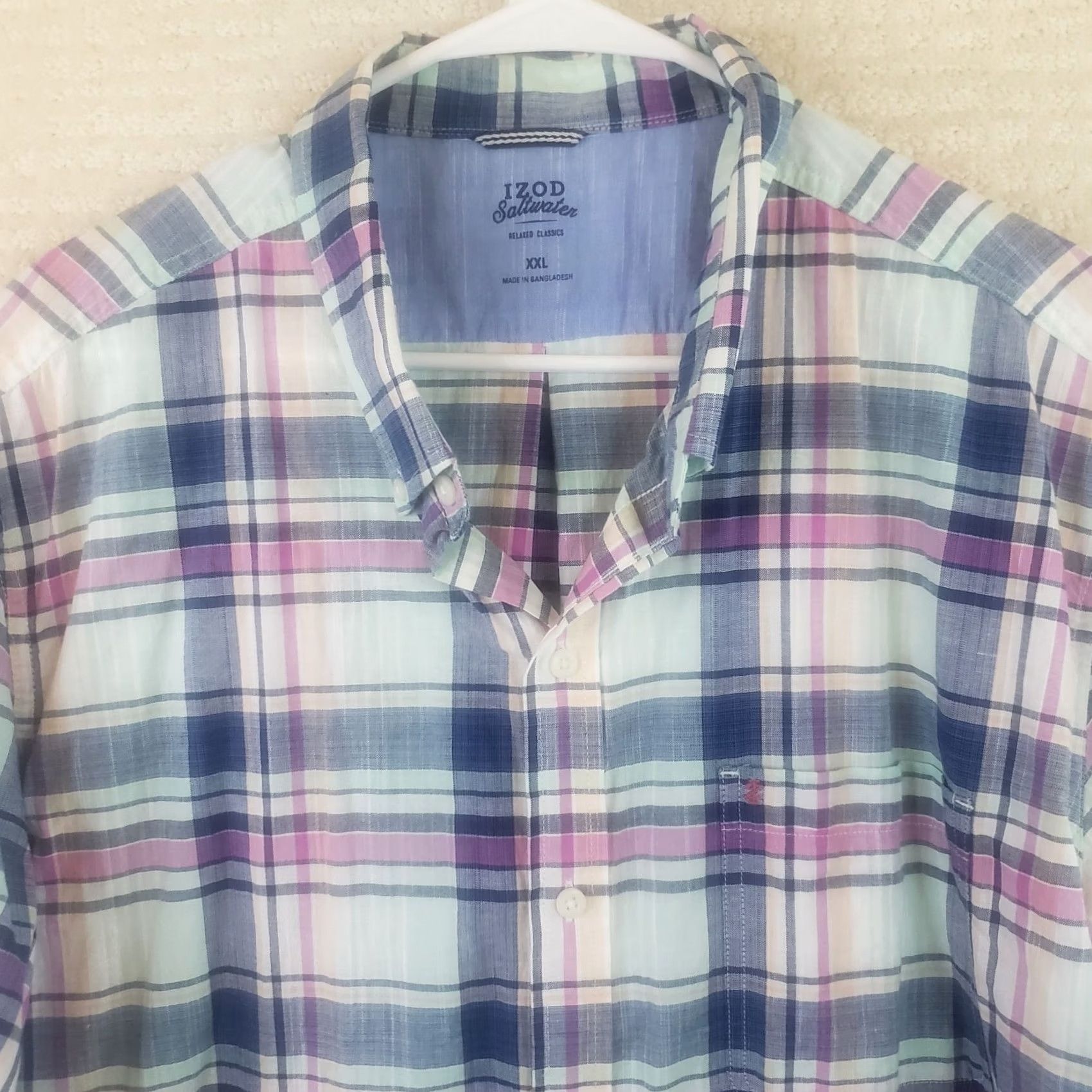 Izod IZOD Saltwater Mens 2XL Shirt Blue Pink Plaid Button-Down Short Sleeve Cotton Size US XXL / EU 58 / 5 - 3 Thumbnail