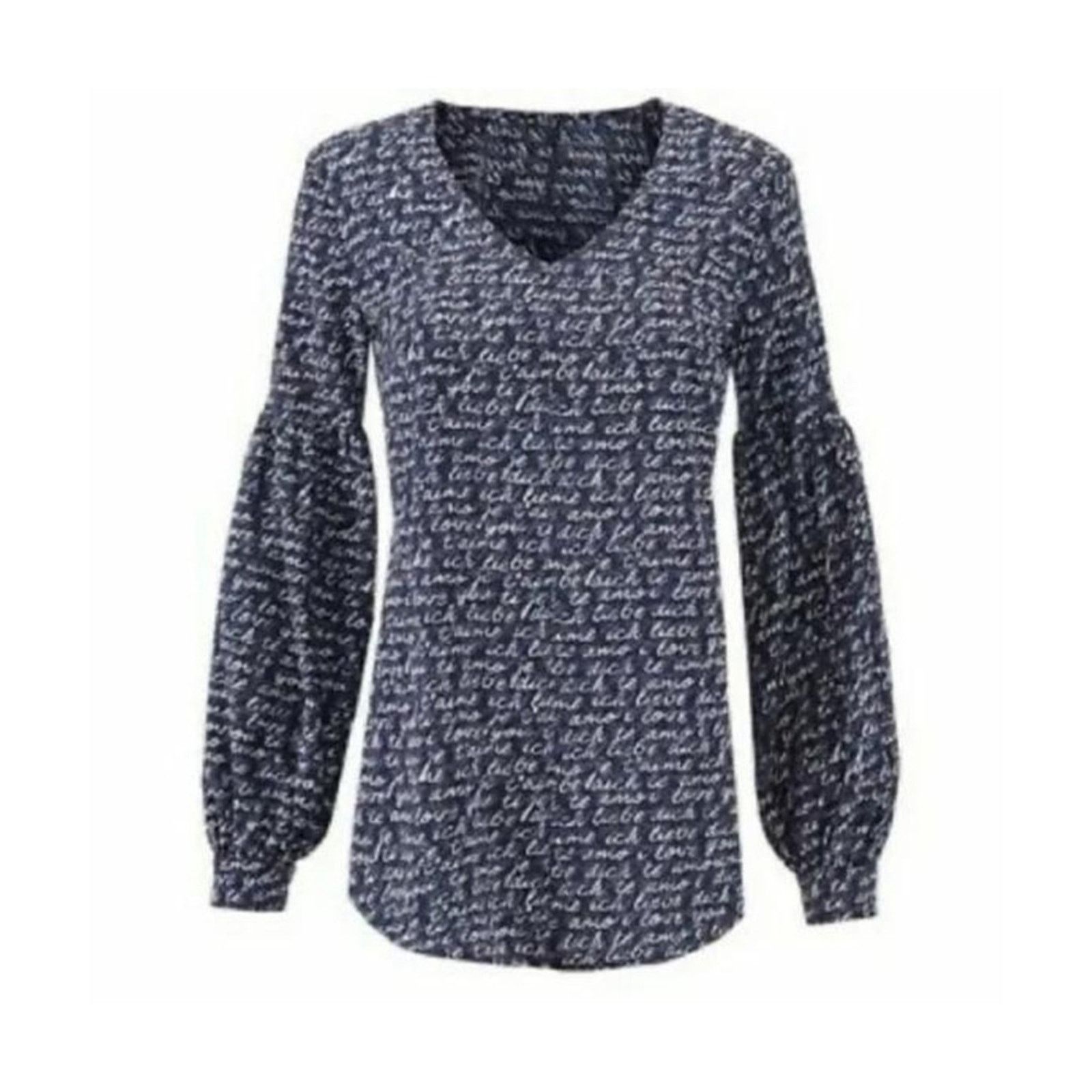 Other Boho Script Print Balloon Sleeve Navy Blouse Cabi Size M Size M / US 6-8 / IT 42-44 - 2 Thumbnail