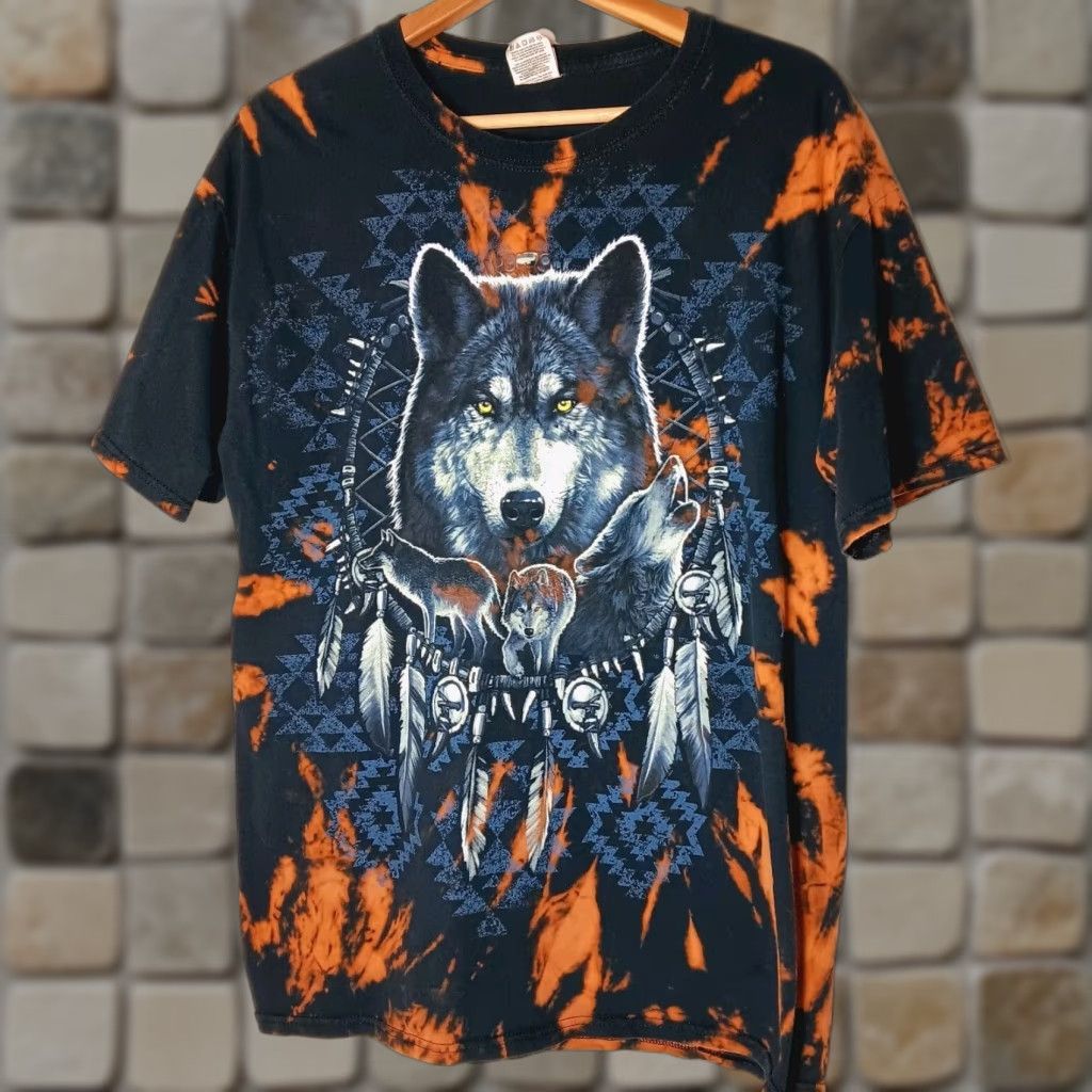 Fruit Of The Loom VINTAGE Wolf Dreamcatcher Shirt Large Bleach Dye Black Native Pack Feather Hippie Nature Size US L / EU 52-54 / 3 - 1 Thumbnail