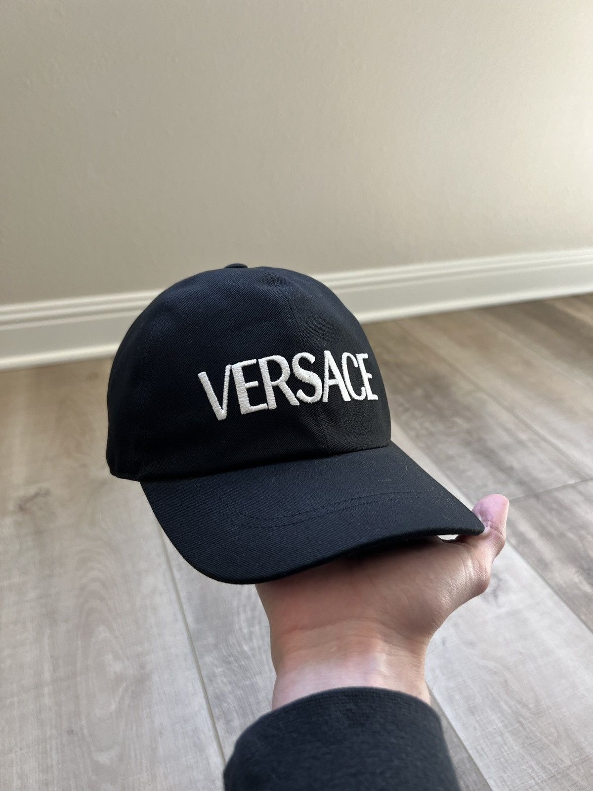 image of Versace Embroidered Logo Cap in Black, Men's
