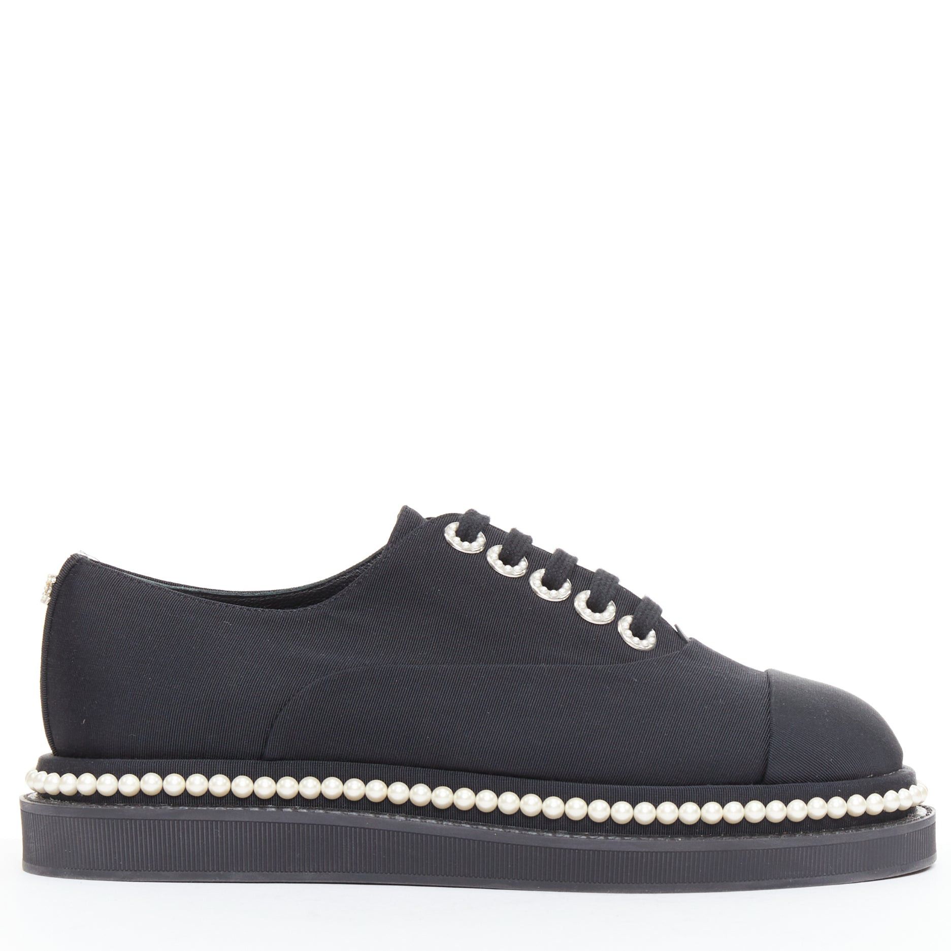 Chanel CHANEL black canvas pearl embellished trim fabric oxfords EU35.5 Size US 5.5 / IT 35.5 - 1 Thumbnail