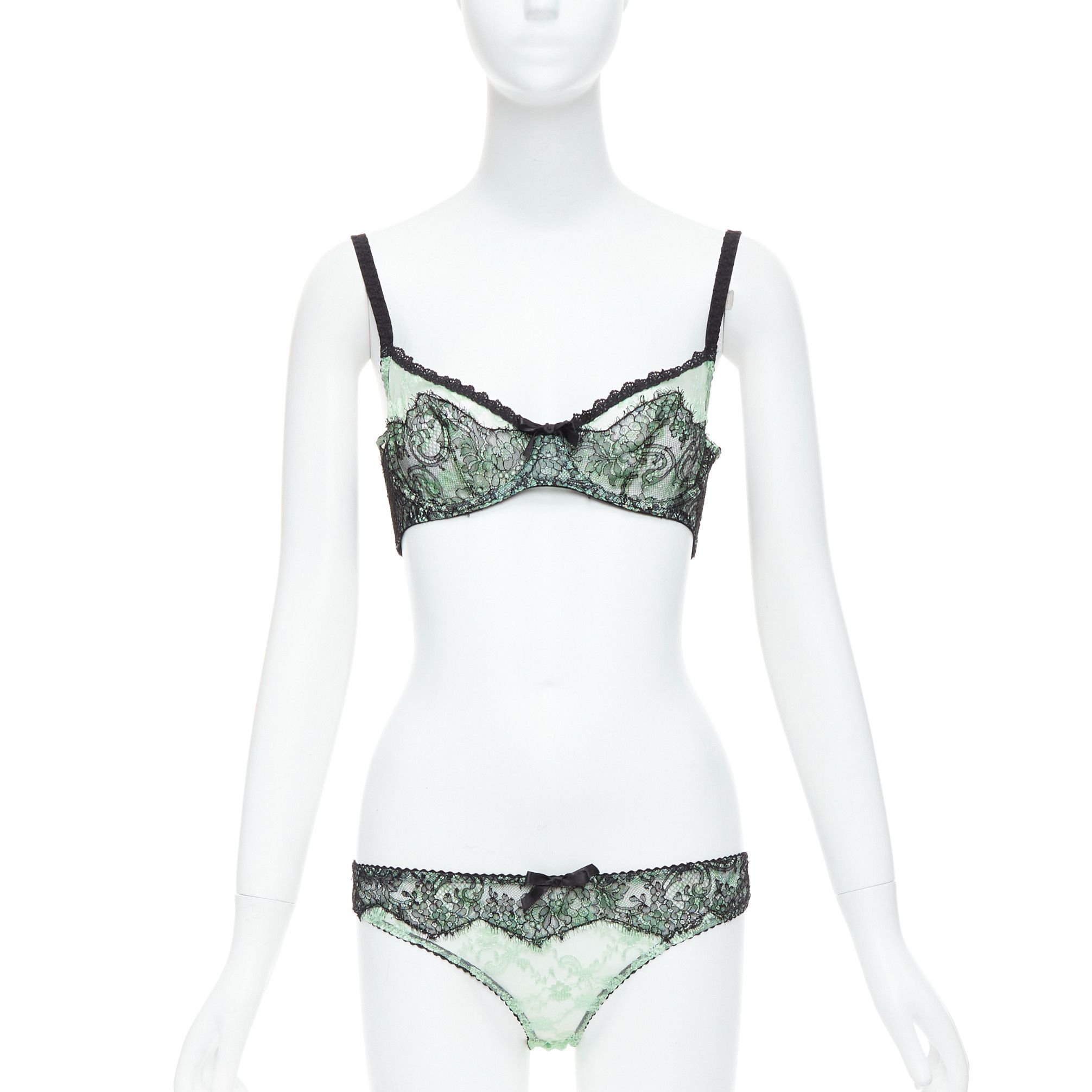Agent Provocateur AGENT PROVOCATEUR mint green lace black bow bra panty set FR90C Size ONE SIZE - 1 Thumbnail