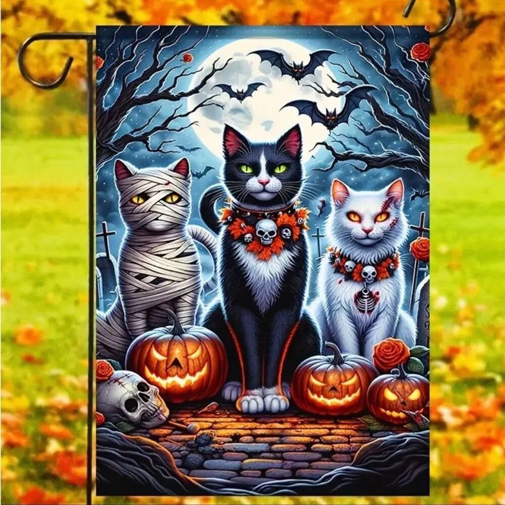 Other Halloween Double Sided Garden Flag 12x18 Inch Cats Pumpkins Size ONE SIZE - 2 Thumbnail