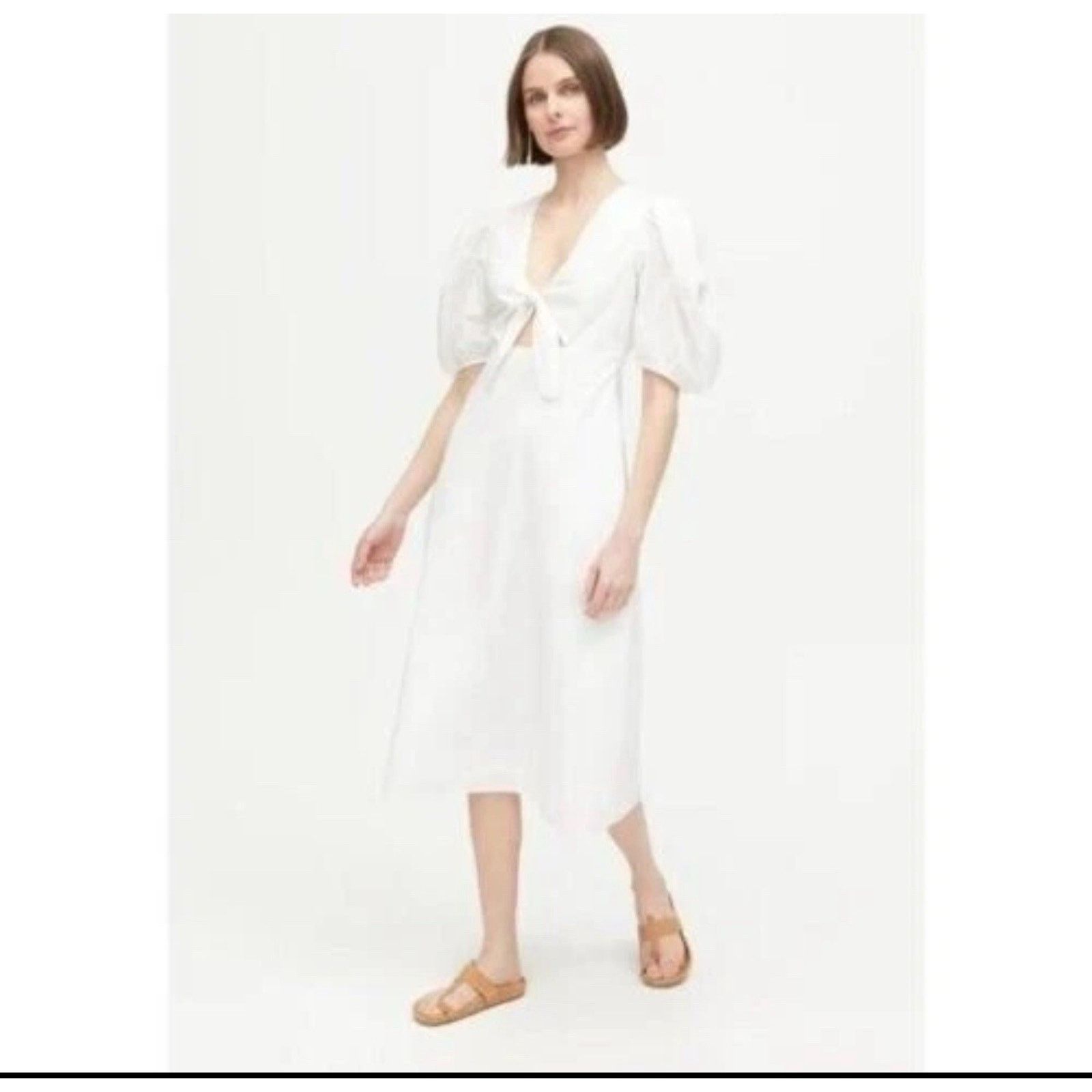 Rhode Women's Greer White Short Puff Sleeve Cutout Midi 14