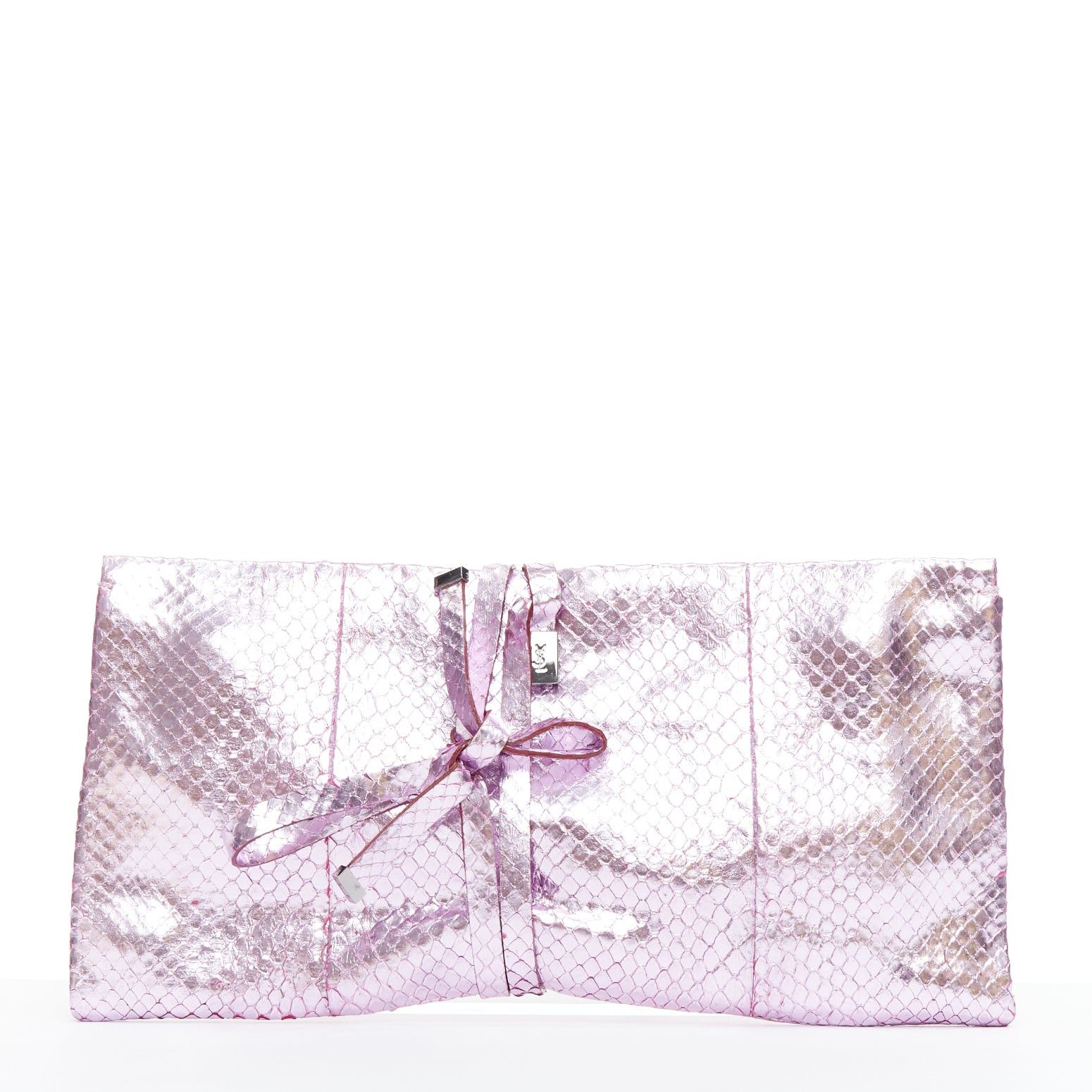 Saint Laurent Paris YVES SAINT LAURENT pink metallic scaled leather wraparound clutch bag Size ONE SIZE - 1 Thumbnail