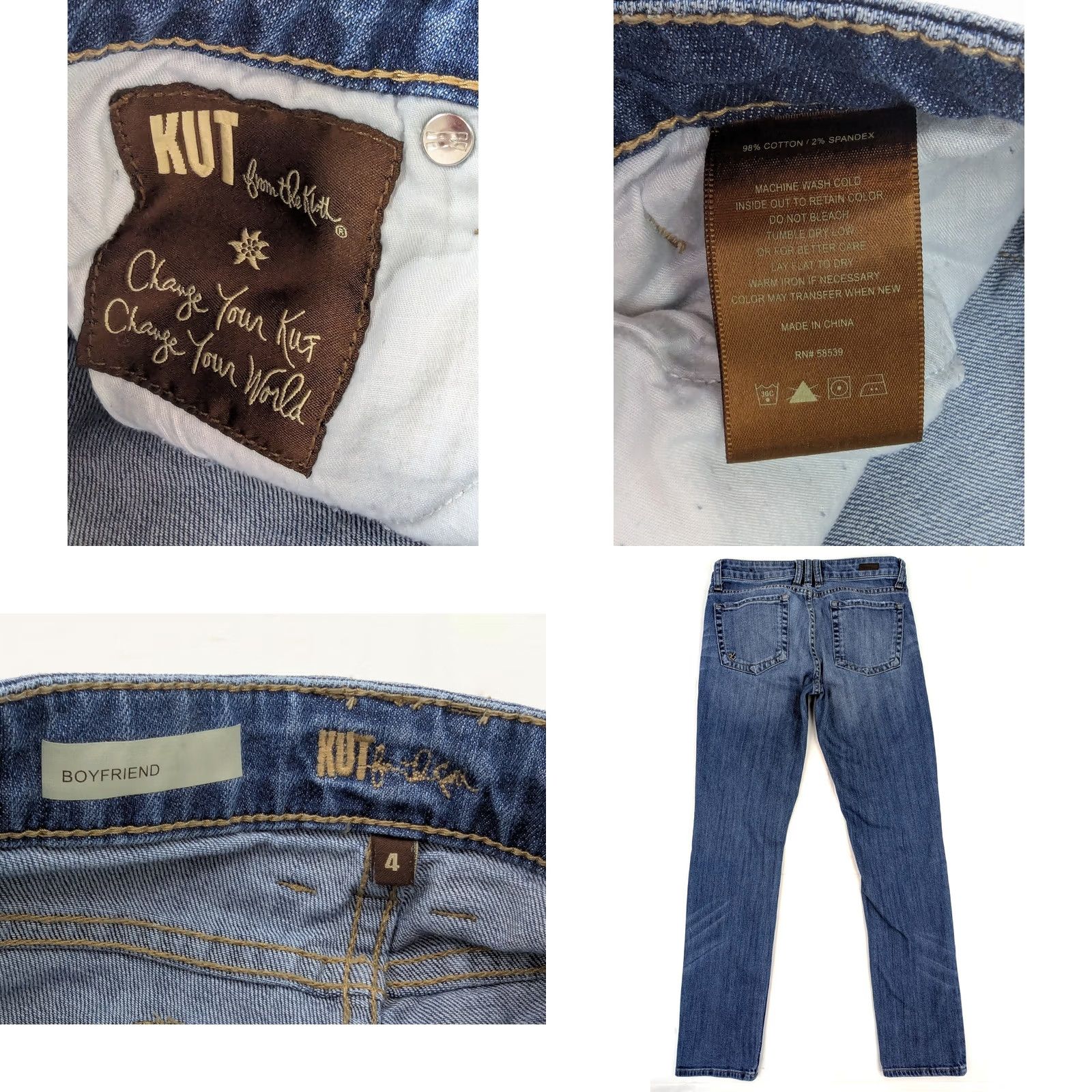 Vintage KUT from the Kloth Catherine Boyfriend Jeans Women 4 Blue Distressed 30x29 Regular Rise Mid 5-Pocket Denim Cotton Blend Spandex Size 27" / US 4 / IT 40 - 8 Thumbnail