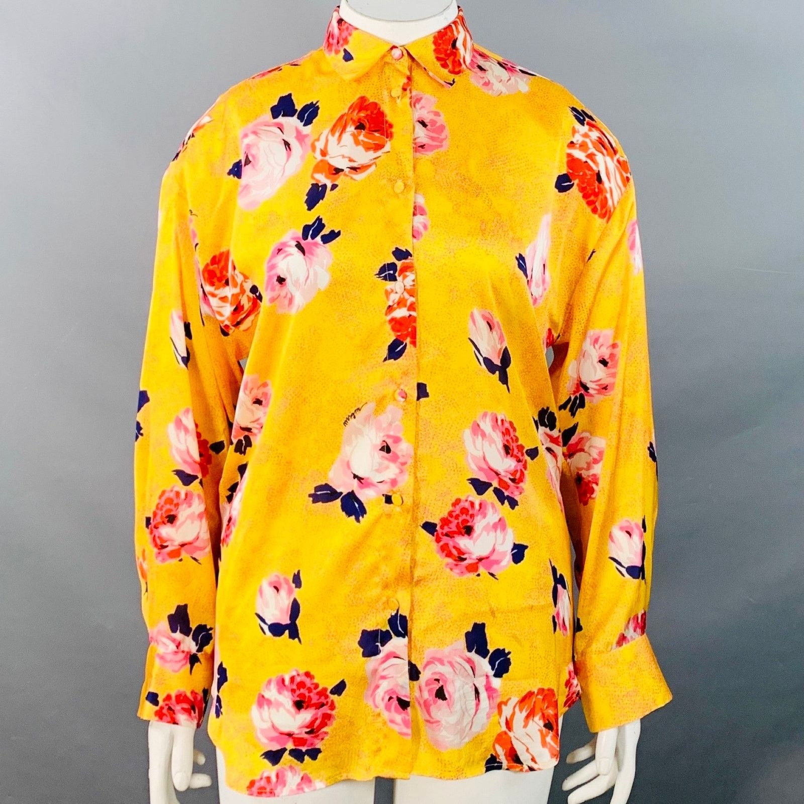 MSGM MSGM Size L Yellow Multi Color Satin Floral Button Up Shirt Size L / US 10 / IT 46 - 1 Thumbnail