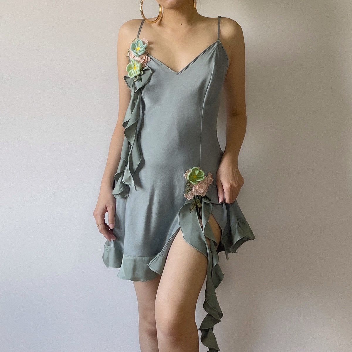 Victoria's Secret × Vintage Special! Romantic VS Dusty Green Silk Mini Dress (Medium) Size M / US 6-8 / IT 42-44 - 3 Thumbnail