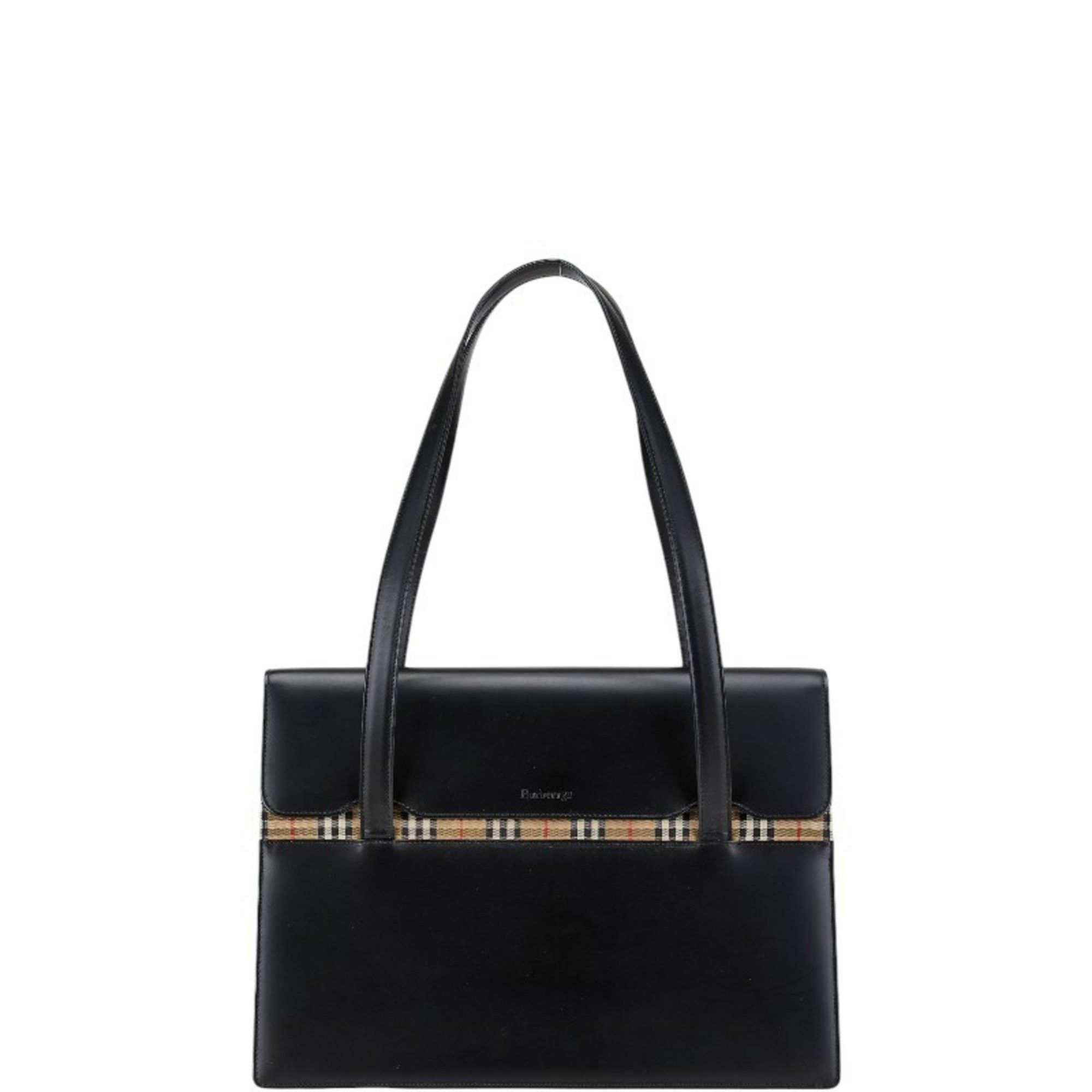 Burberry Nova Check Shadow Horse Tote Bag Black Leather Canvas Women's Burberry
