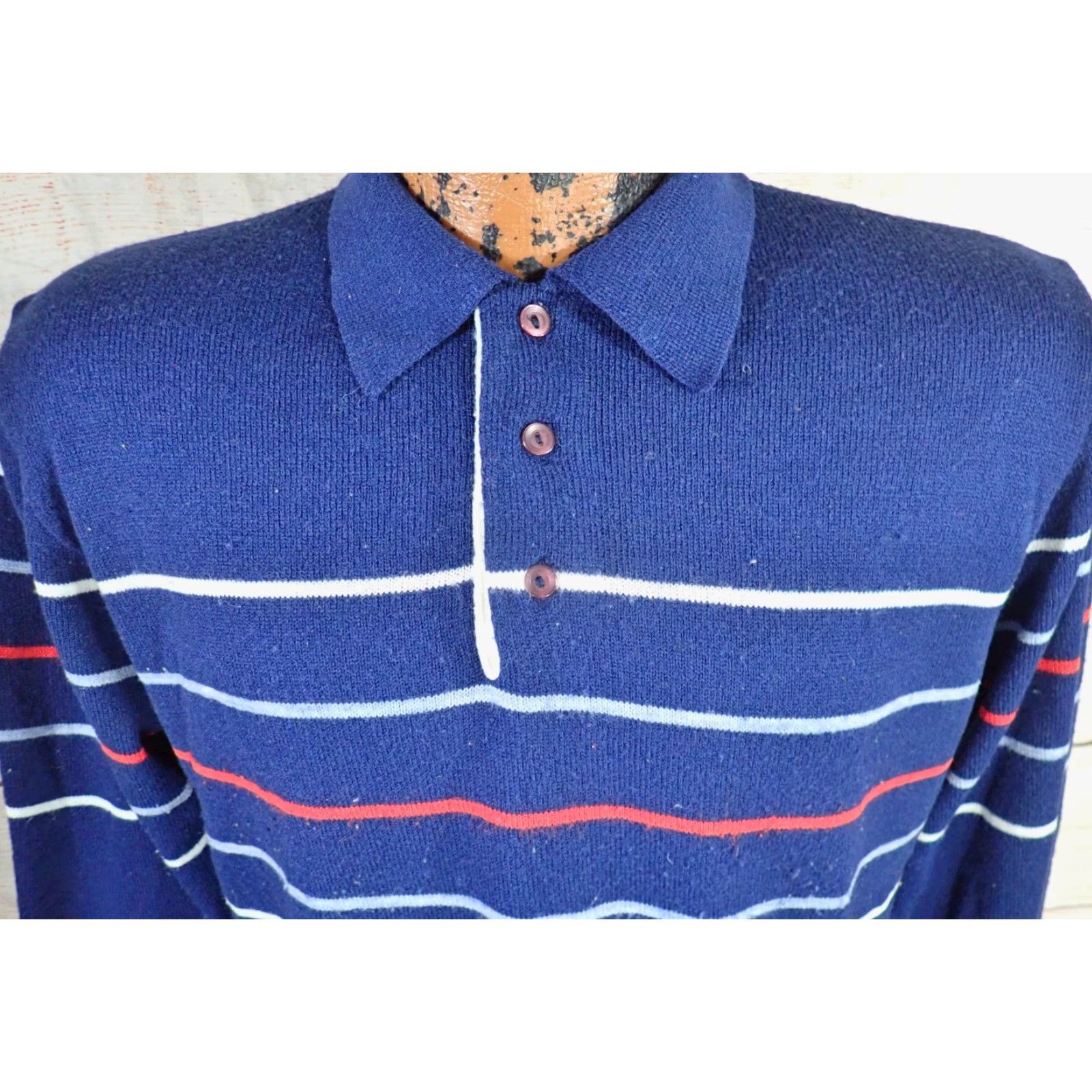 Vintage VINTAGE Mervyns Loop Collar Polo Shirt Mens M Long Sleeve Striped Knit Blue Red White 70s Retro Size US M / EU 48-50 / 2 - 2 Thumbnail