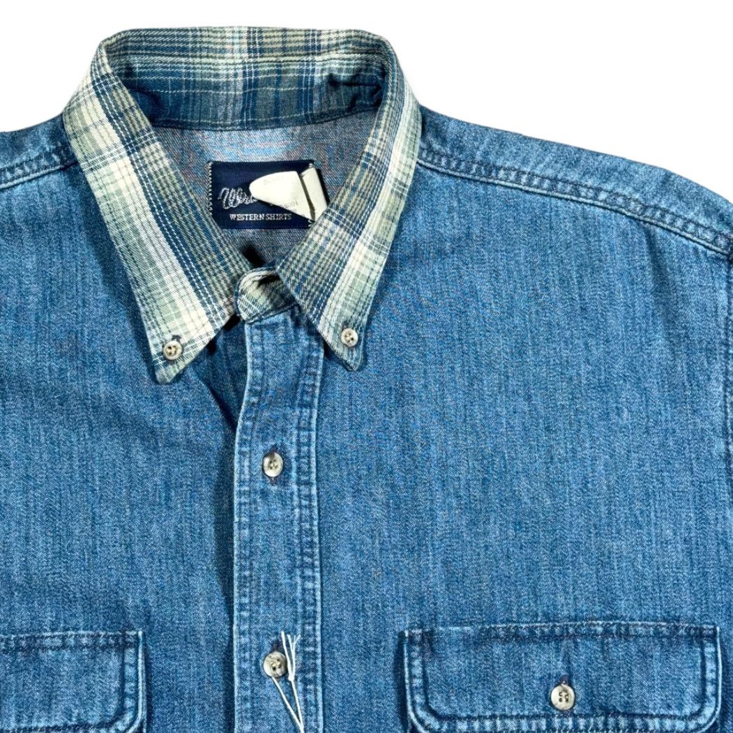 Wrangler VINTAGE Wrangler Shirt Adult MEDIUM Blue Denim Gold Buckle Deadstock Tags 90s Size US M / EU 48-50 / 2 - 2 Thumbnail
