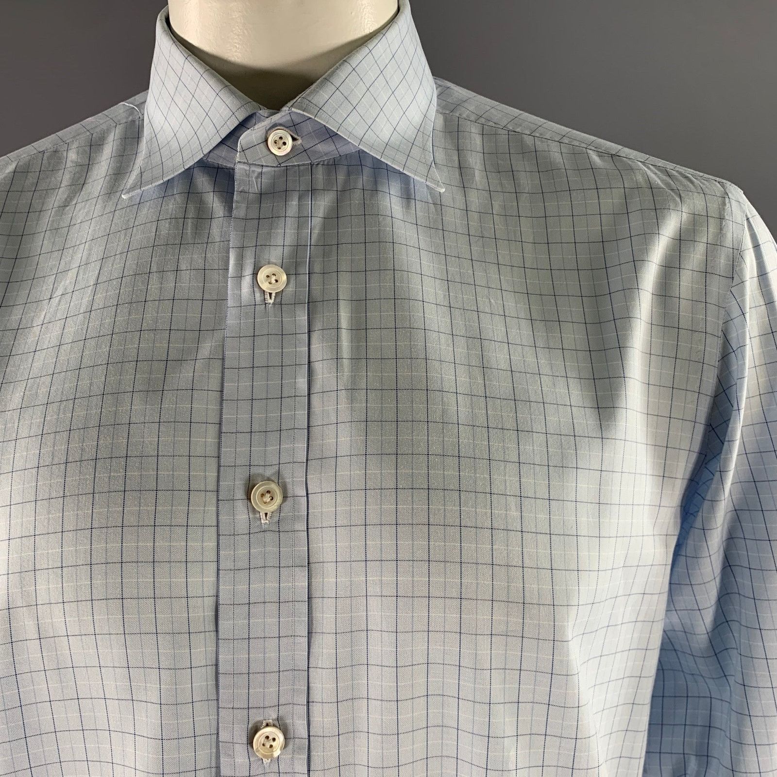 Kiton KITON L Light Blue Windowpane French Cuff Long Sleeve Shirt Size 48R - 2 Thumbnail