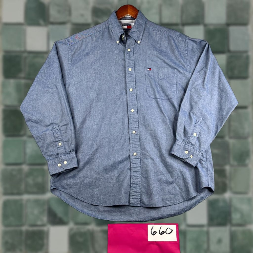 Tommy Hilfiger VINTAGE Tommy Hilfiger Shirt Mens L Blue Button-Up Long Sleeve Collared Pocket Flag Website?? Size US L / EU 52-54 / 3 - 1 Thumbnail