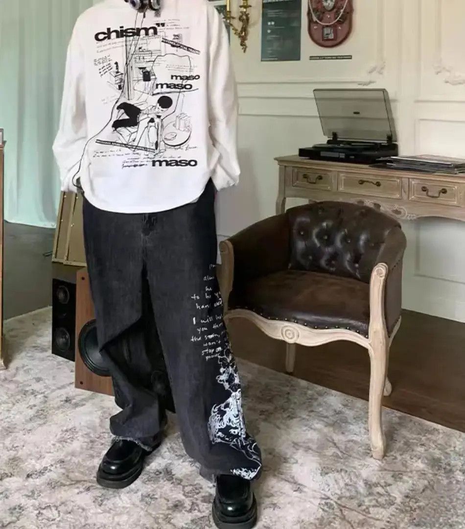 Japanese Brand Vintage comic lyrics printed washed fringed jeans Size US 32 / EU 48 - 4 Thumbnail