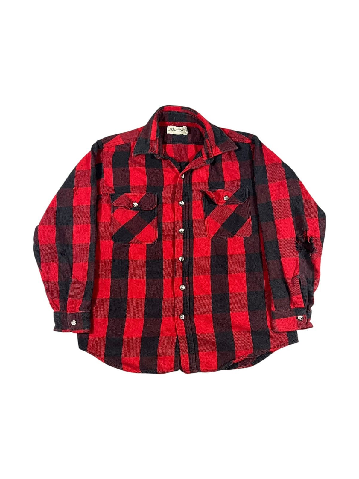 Vintage Vintage 90s Black Red Distressed Woven Cotton Flannel Size US L / EU 52-54 / 3 - 1 Thumbnail