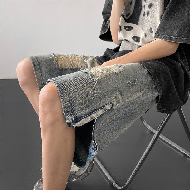 Japanese Brand Men's loose straight-leg ripped zipper split denim shorts Size US 32 / EU 48 - 4 Thumbnail