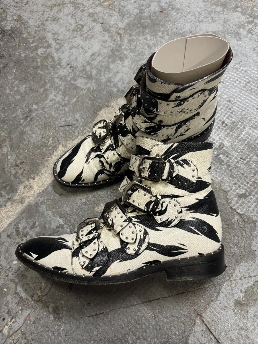 Givenchy Black & White Zebra Leather Studded Strapped Boots