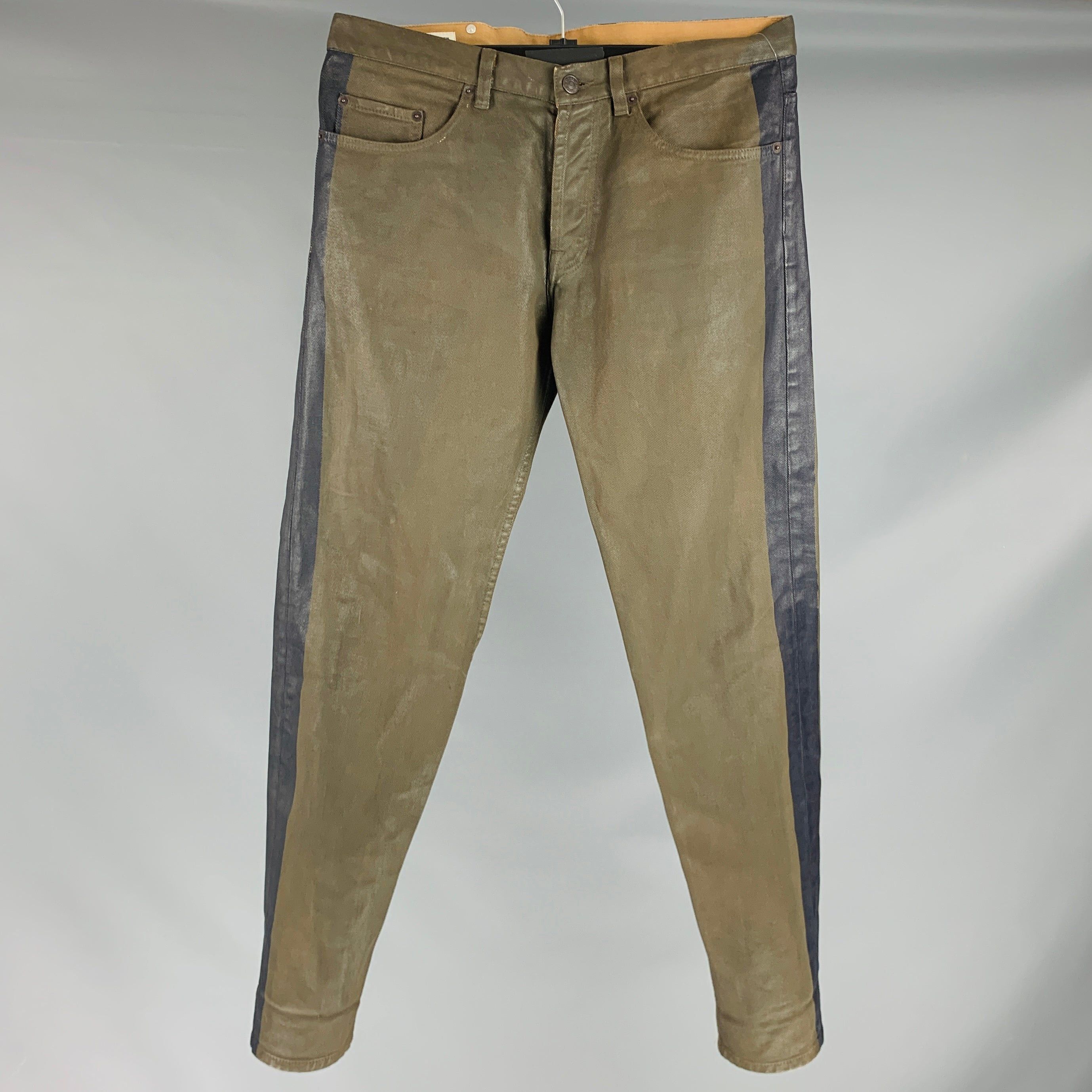 image of Dries Van Noten Green Olive Vertical Stripe Cotton Cocoon Jeans, Men's (Size 33)