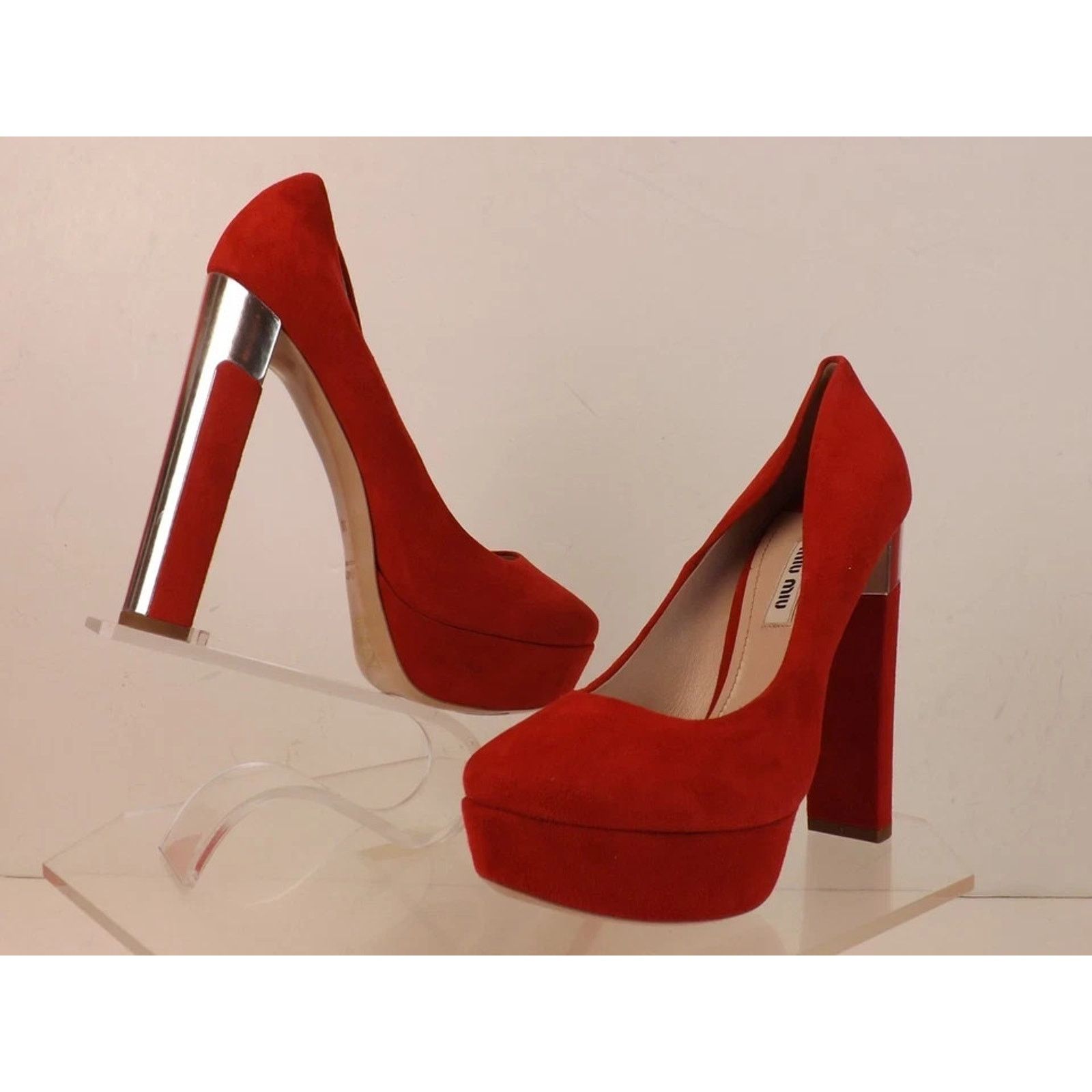 Miu Miu MIU MIU PRADA 5IP334 RED SUEDE SILVER MIRROR HEEL PUMPS 37.5 Size US 7.5 / IT 37.5 - 9 Thumbnail