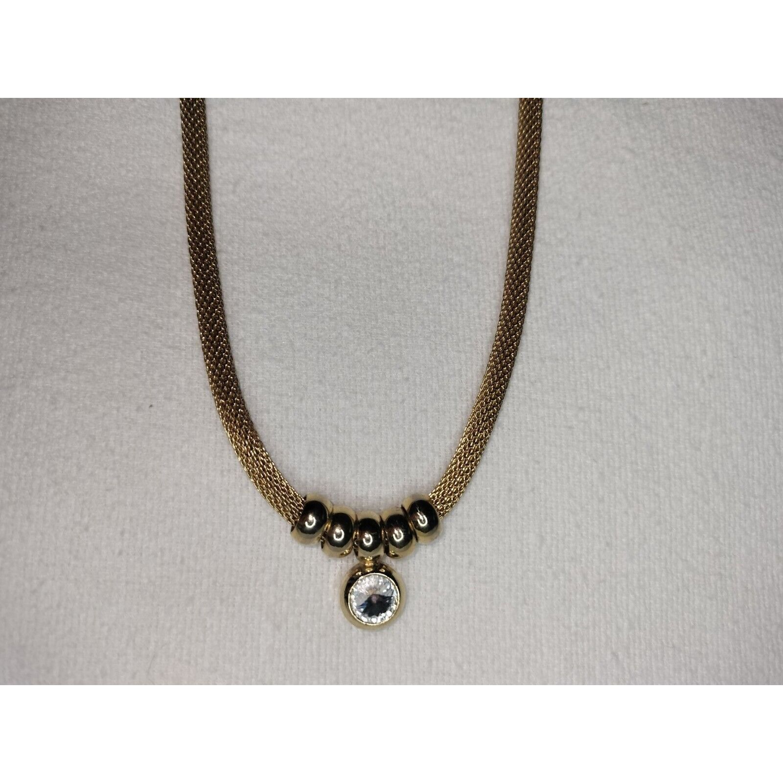 Vintage Gold Tone Metal Mesh Tube Necklace Ring Stoned Pendant Circa Size ONE SIZE - 22 Thumbnail