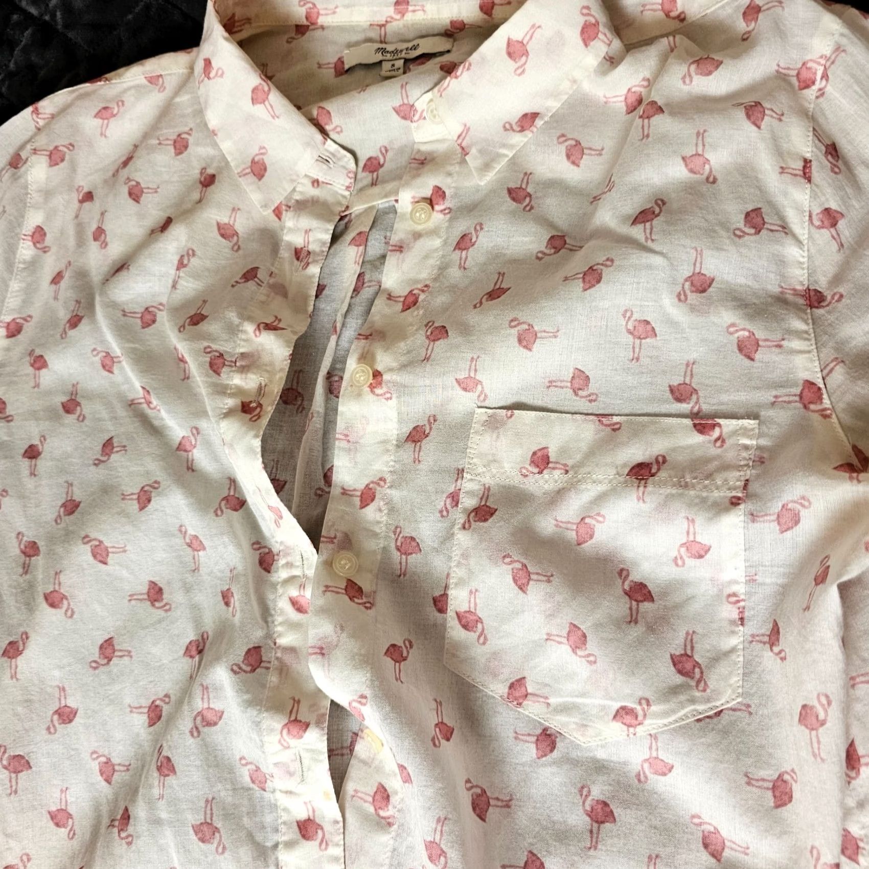 Madewell Madewell Pajama Top Shirt White Flamingo Print V-Neck Long Sleeve Button-Up Pocket Side Slit M/L? (Size S) Size S / US 4 / IT 40 - 3 Thumbnail