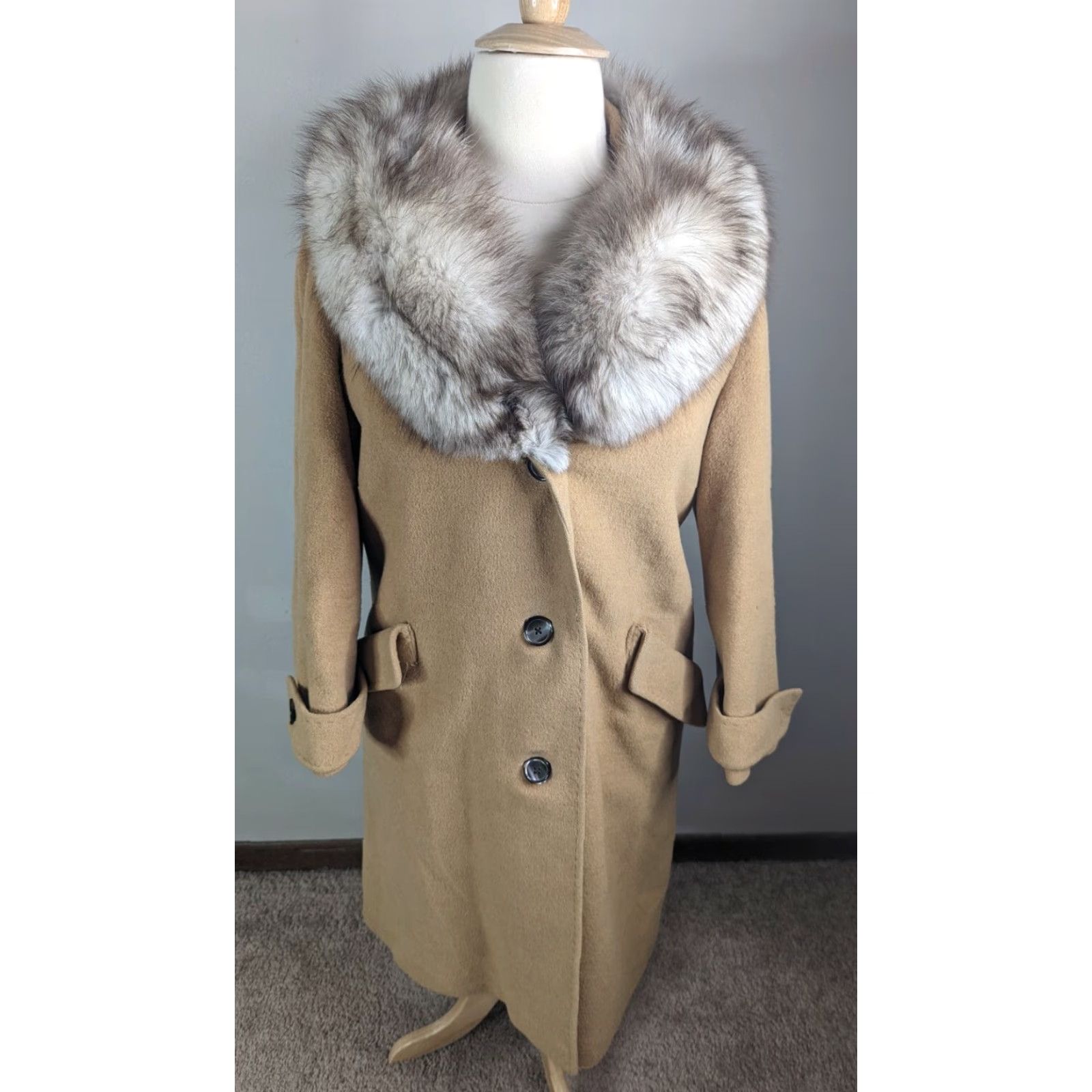 Camel VINTAGE Fur Trim 100% Camel Hair Long Trench Pea Coat Jacket Large 14/16 Beige Women Coat Size L / US 10 / IT 46 - 2 Thumbnail