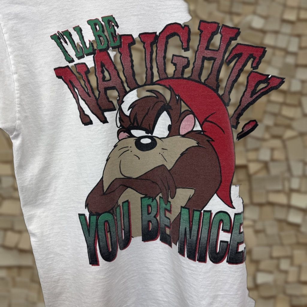VINTAGE Looney Tunes Taz T Shirt Mens XL White Naughty Nice Cartoon Freeze 90s