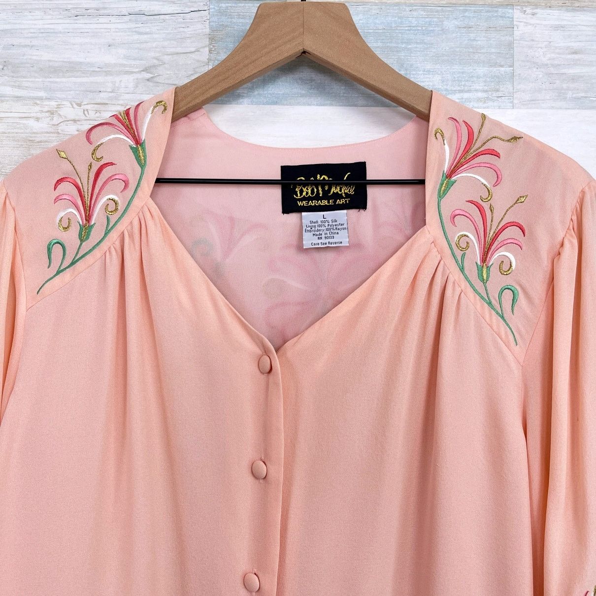 Bob Mackie Bob Mackie Silk Floral Embroidered Blouse Pink Wearable Art Size L / US 10 / IT 46 - 3 Thumbnail